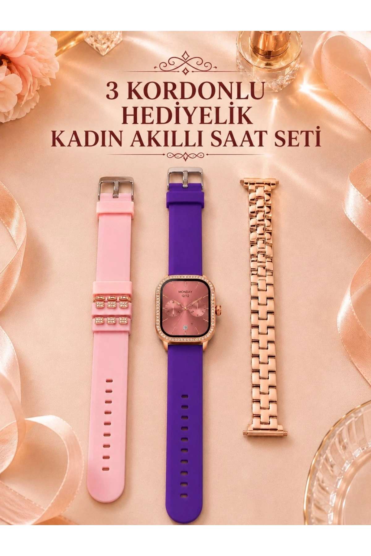 3 Kordonlu Rose Gold Kasalı Kadın Akıllı Saat Seti