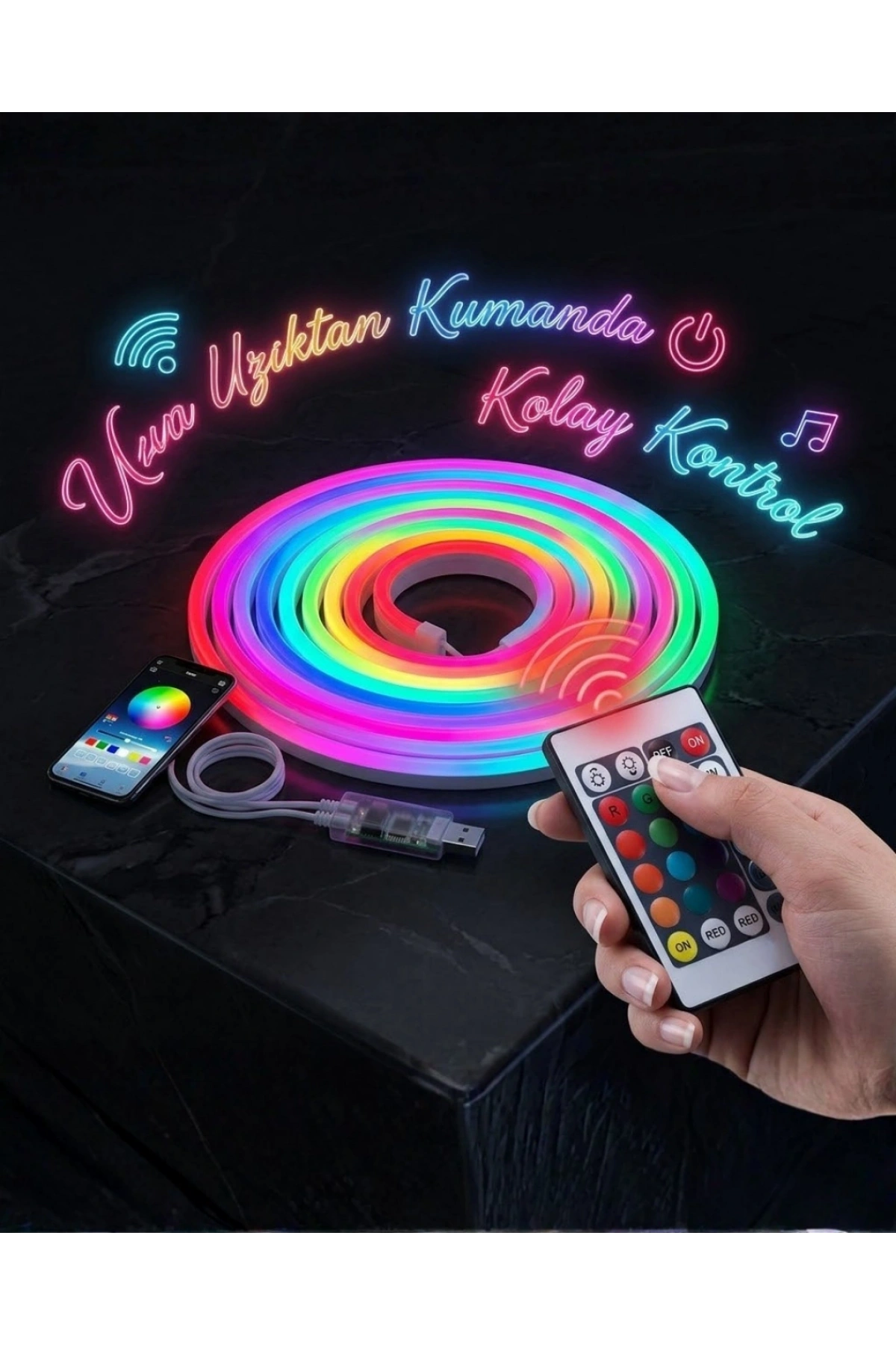 3 Metre RGB Akıllı Neon LED Şerit Işık Telefon ve Kumanda Kontrollü Ambiyans Aydınlatma