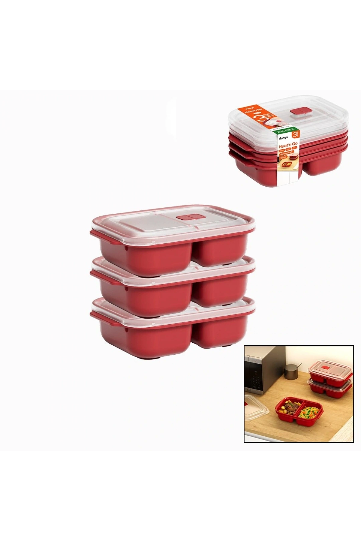 3 PCS KIRMIZI BÖLME DİKDÖRTGEN SAKLAMA KAB SET 1200ML (5047)