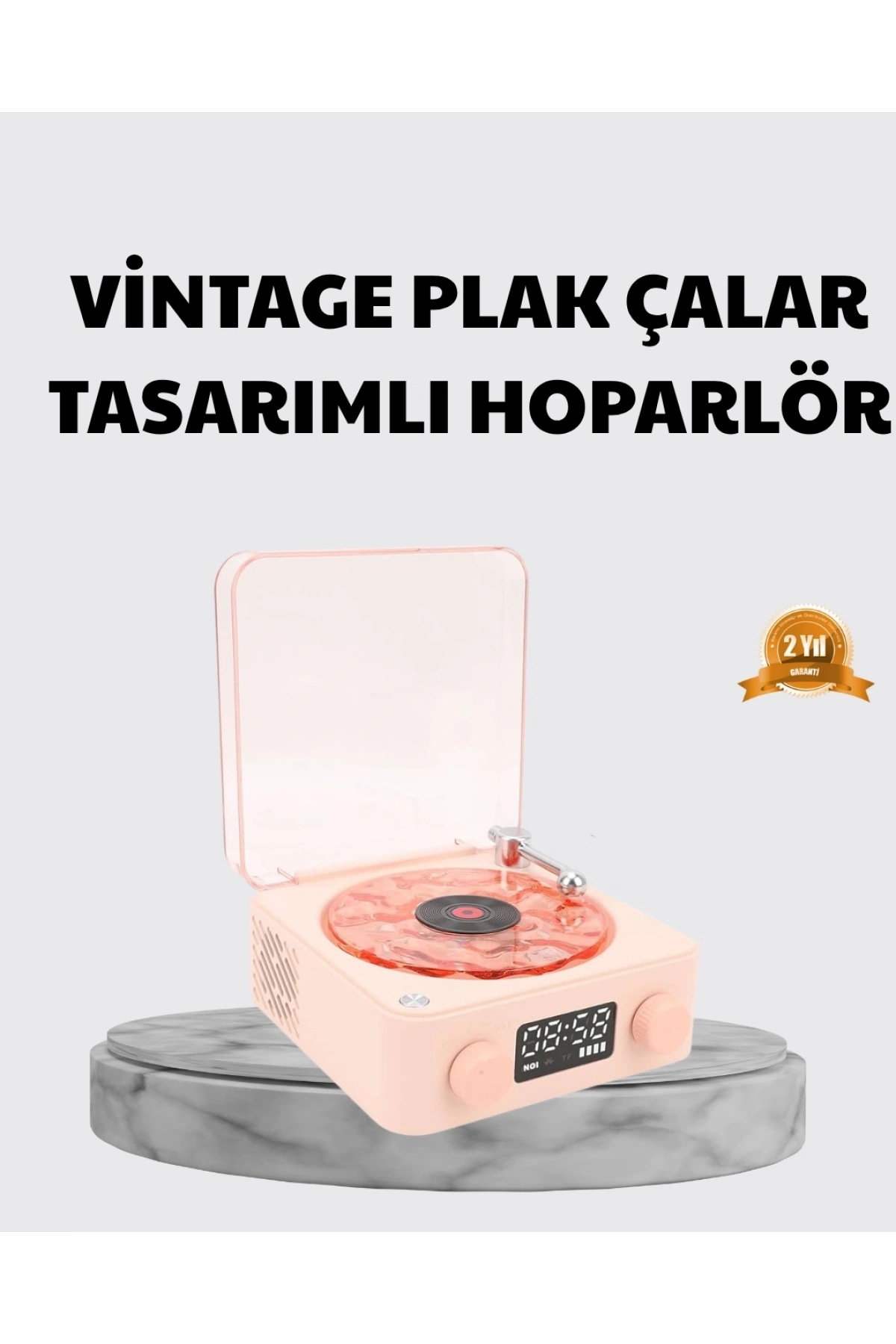 3-ü-1 Gece Işığı Bluetooth Hoparlör ve Dijital Saat Vintage Plak Çalar Tasarımlı