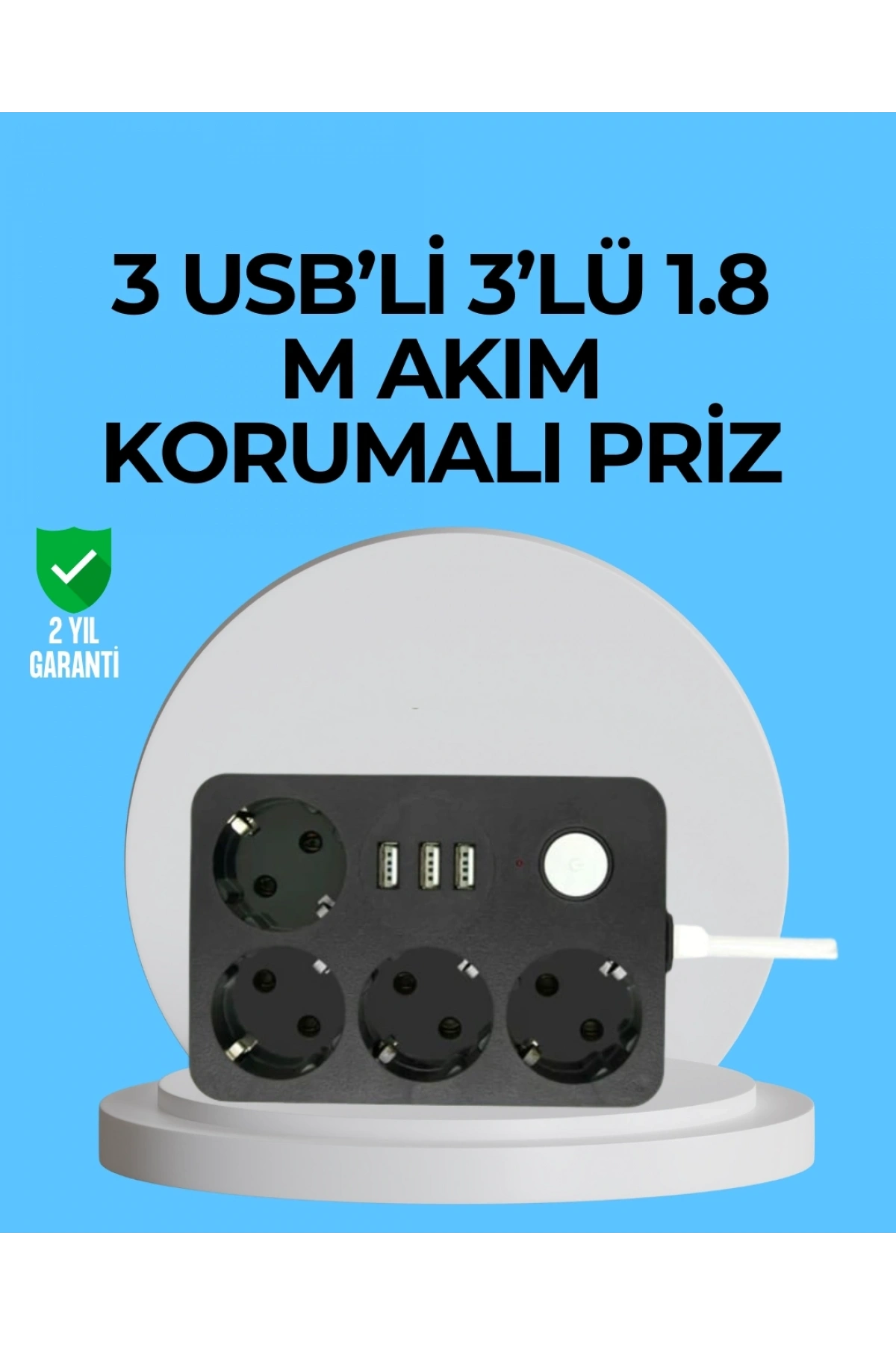3 USB Çıkışlı 4’lü Akıllı Priz 2500W 2 Metre Kablo