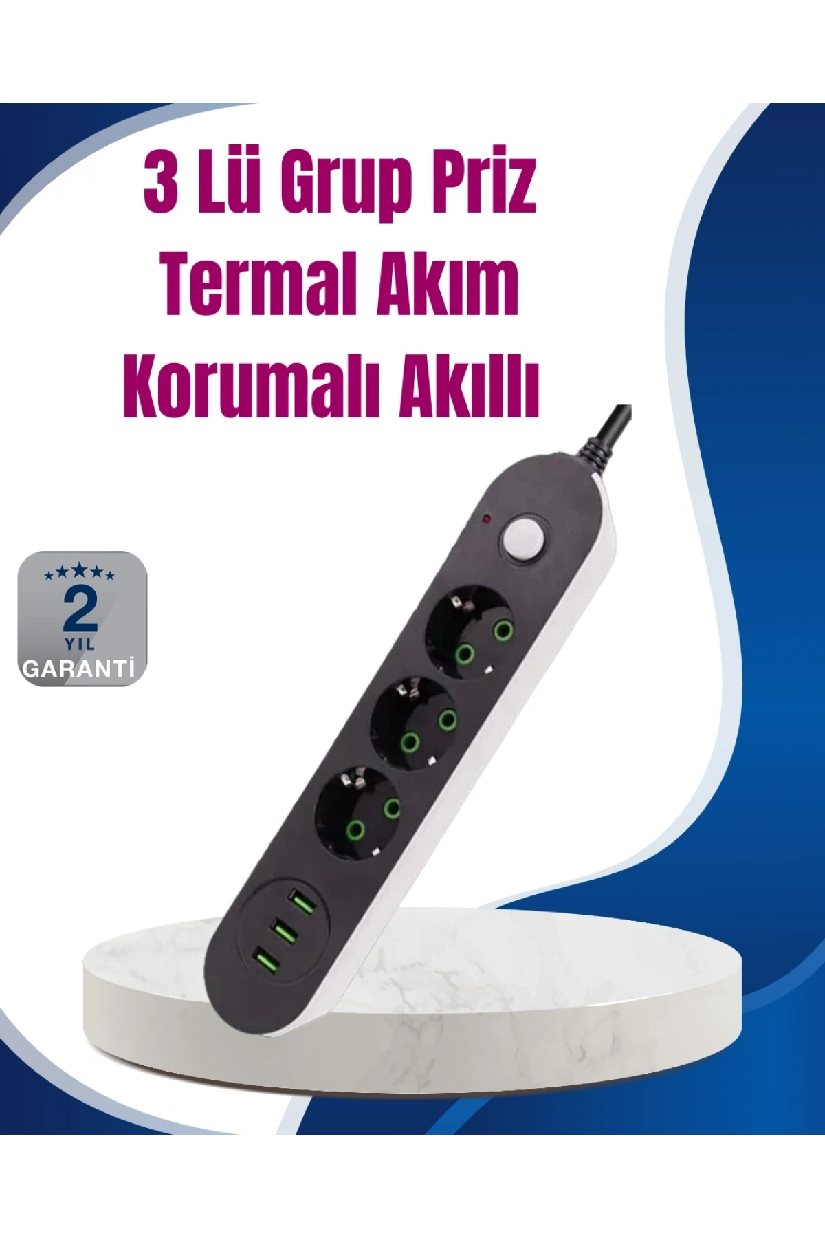 3 USB Çıkışlı Hızlı Şarjlı Anahtarlı Üçlü Priz