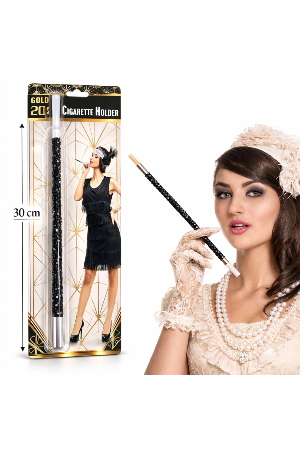 30 cm Siyah Payetli Sigara Tutacağı – 1920’ler Gatsby Parti Aksesuarı (5047)