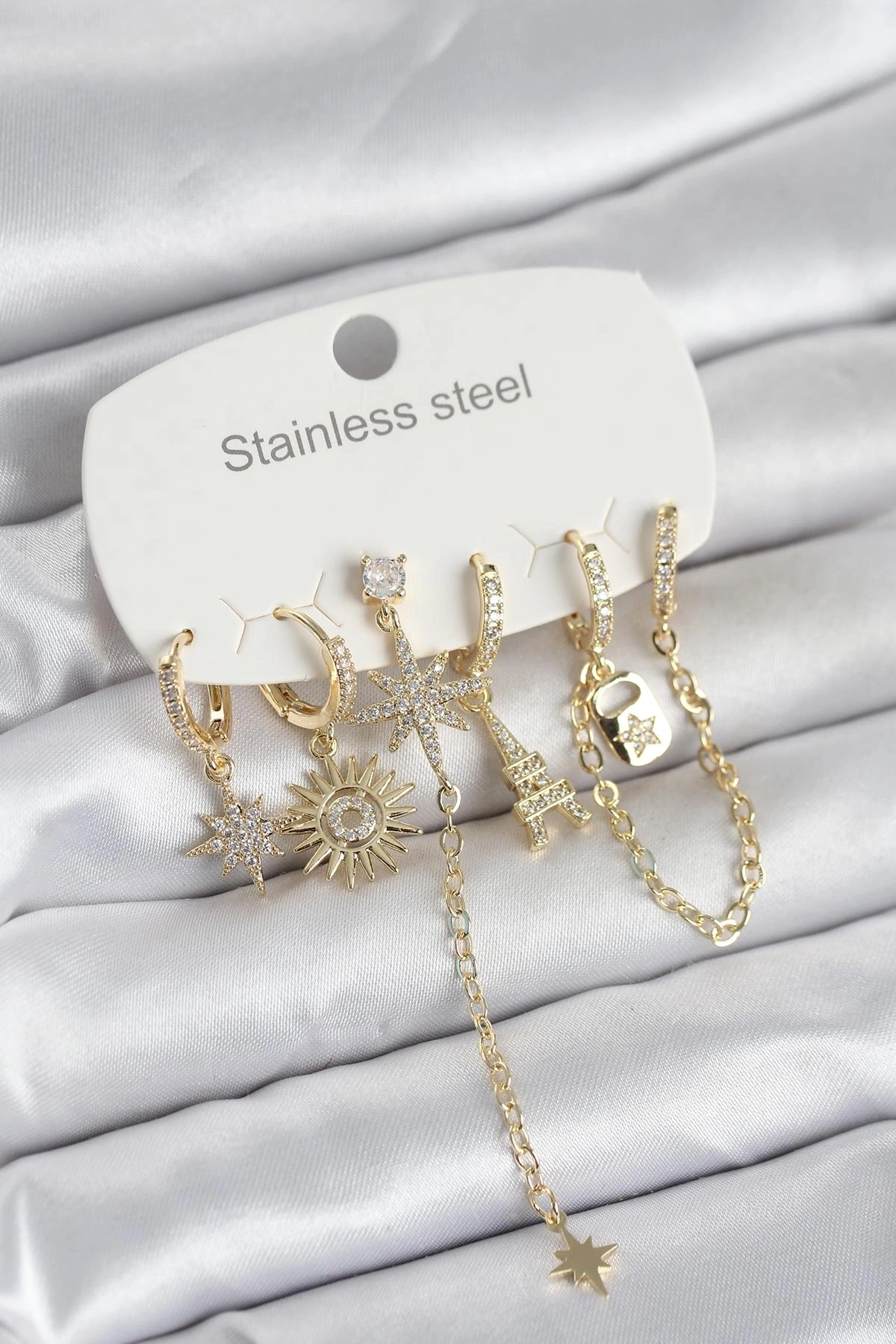 316L Çelik Gold Renk 6lı Set Charmlı Kadın Küpe