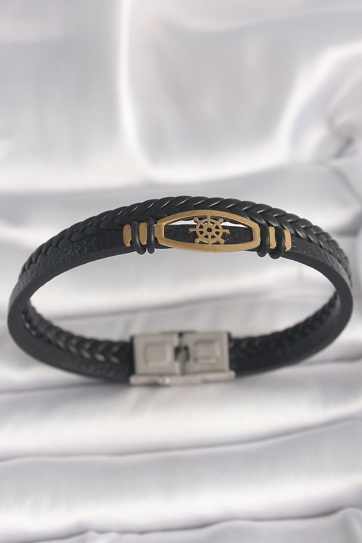 316L Çelik Gold Renk Gemi Dümen Figür Siyah Renk Çift Sıra Burgu Desenli Deri Kordon Erkek Bileklik