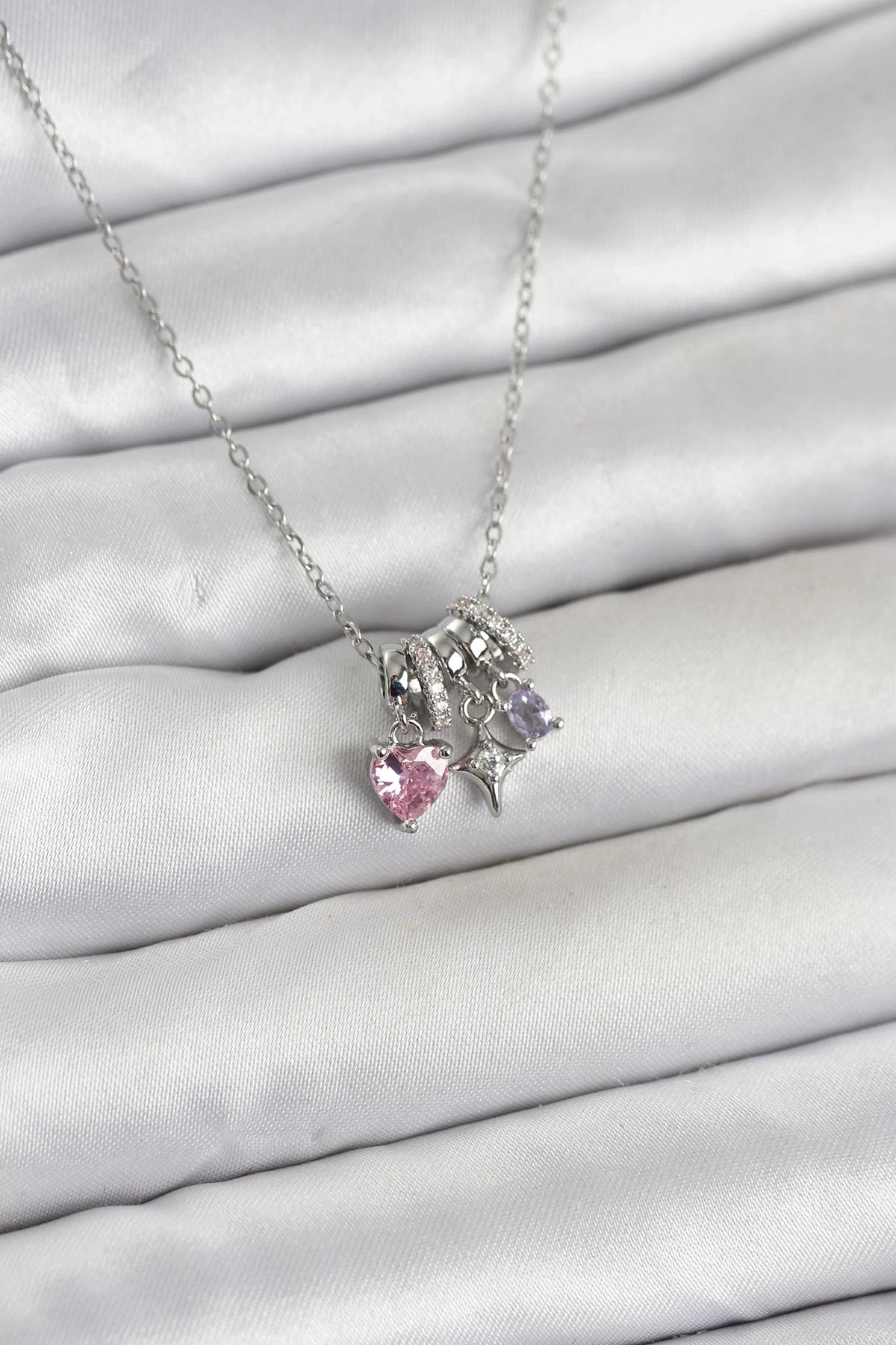 316L Çelik Gümüş Pembe Zirkon Taşlı Charmlı Kadın Kolye