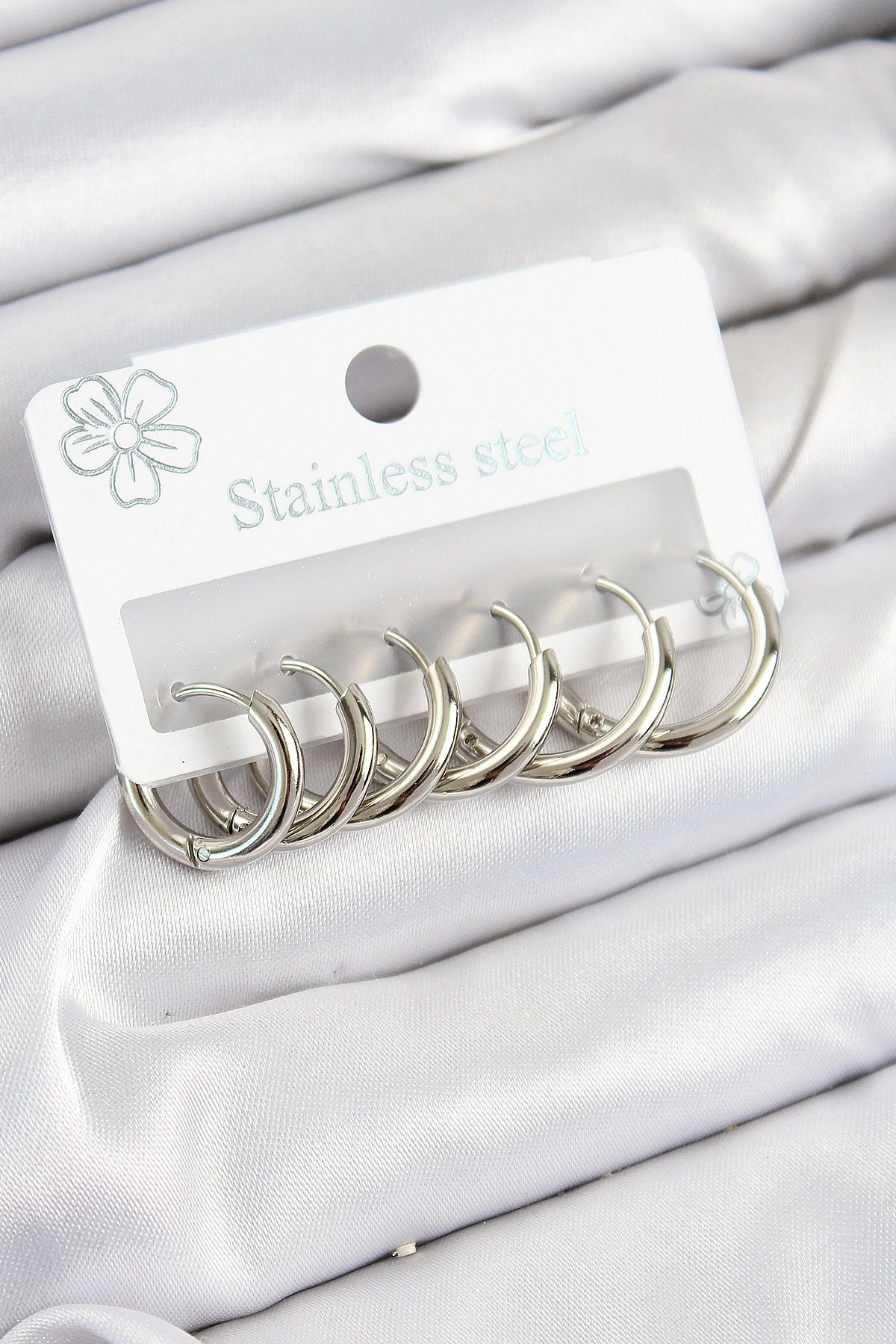 316L Çelik Halka Model Gümüş Renk 3lü Set Kadın Küpe