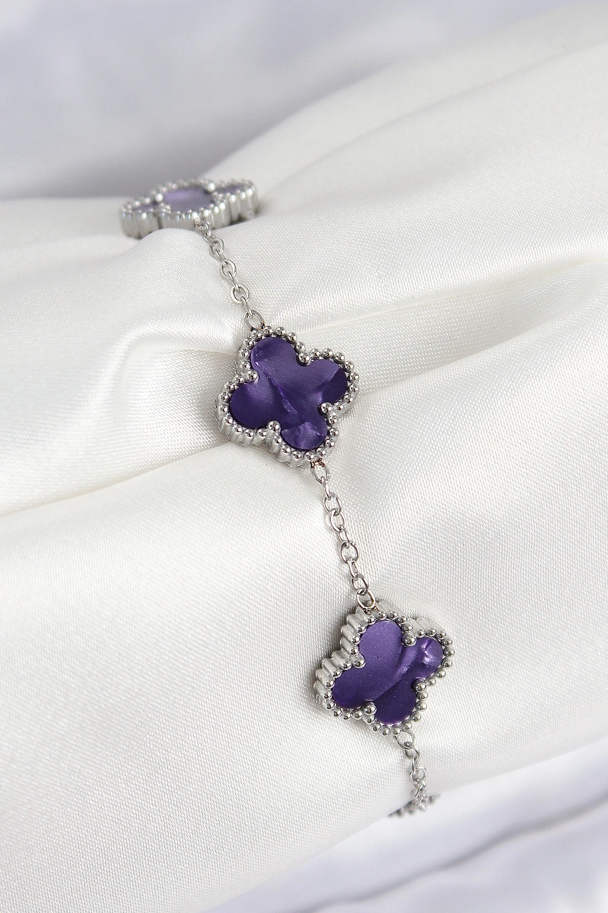 316L Çelik Sedefli Mor Gümüş Renk Yonca Kadın Bileklik