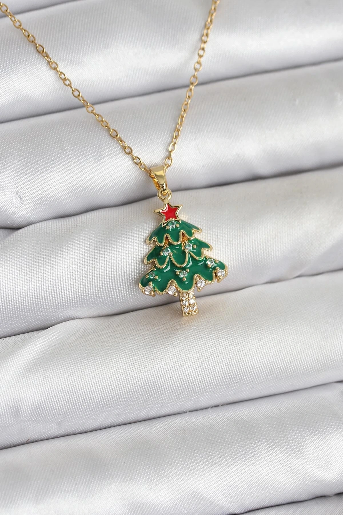 316L Çelik Zincir Gold Renk Çam Ağacı Model Yılbaşı Temalı Kadın Kolye