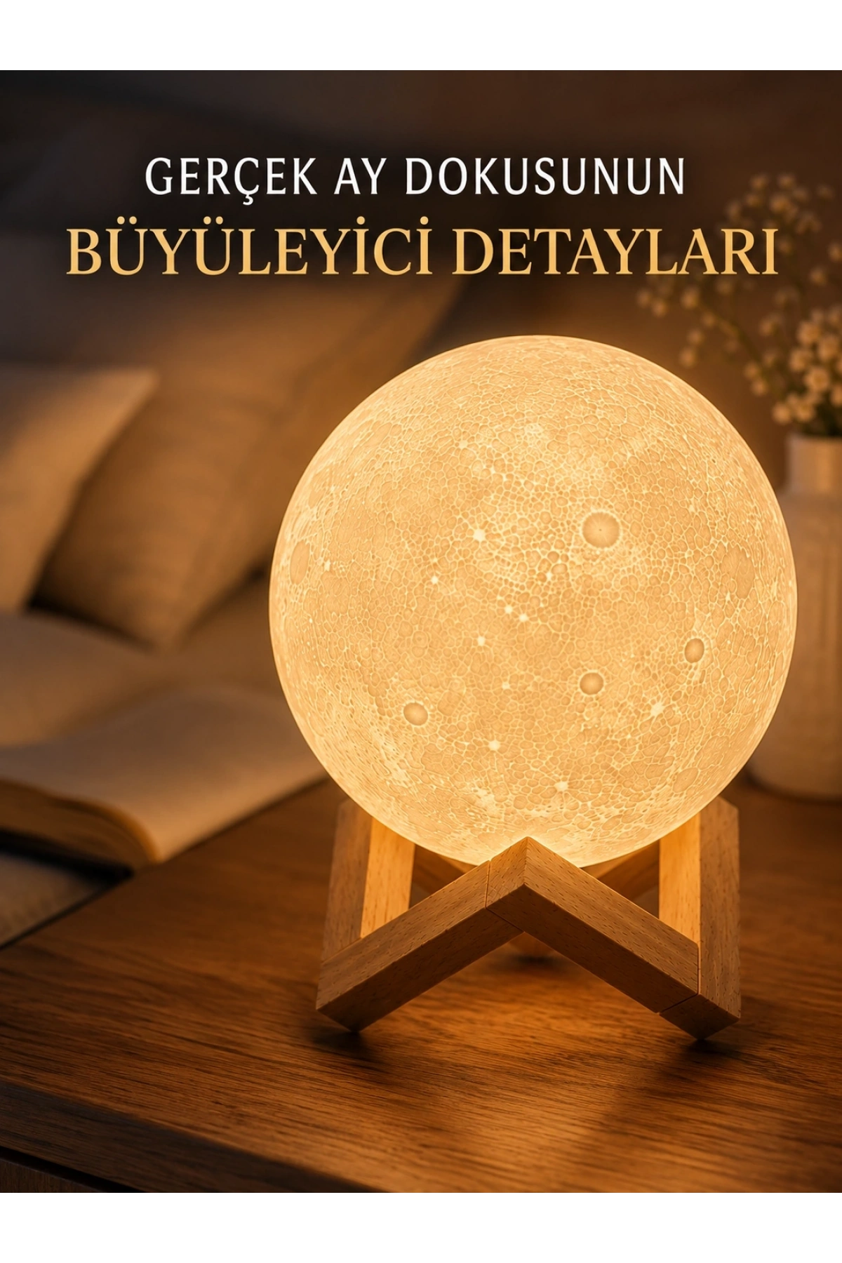 3D Ay Gece Lambası Ahşap Standlı Dekoratif LED Masa Lambası