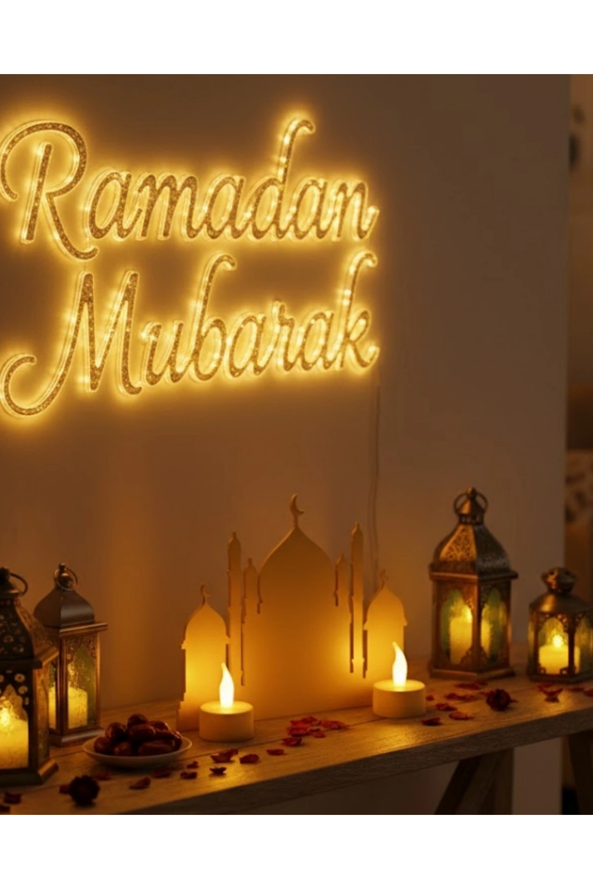 3D Cami Siluet Dekor 2 Pilli Mum Dahil Ramazan Masa Üstü