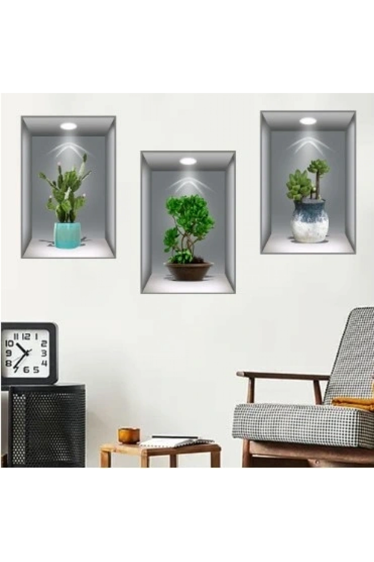 3D Çiçek Vazo Duvar Sticker 3 lü Set GRİ Fon (5047)