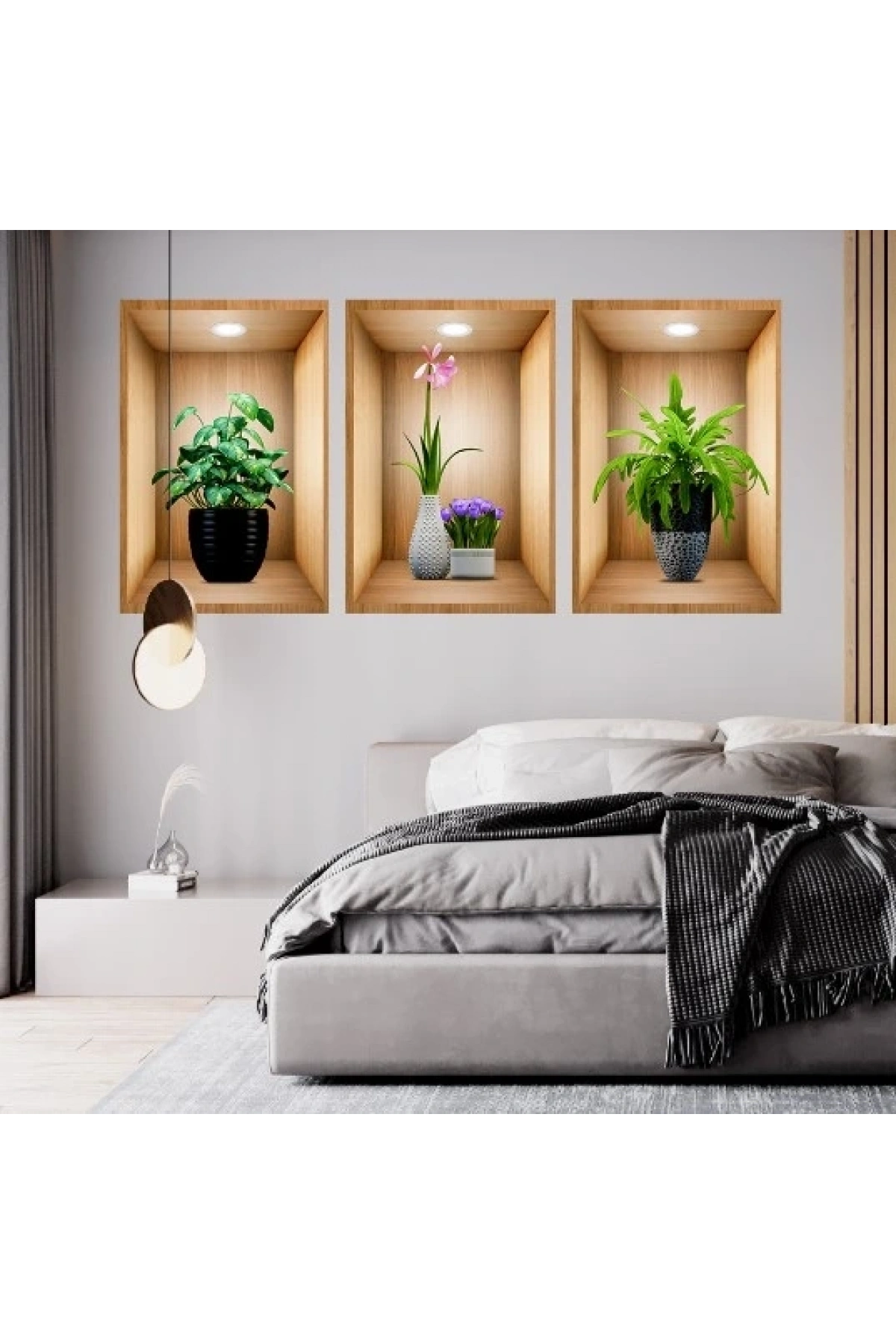 3D Çiçek Vazo Duvar Sticker 3 lü Set Kahverengi Fon (5047)