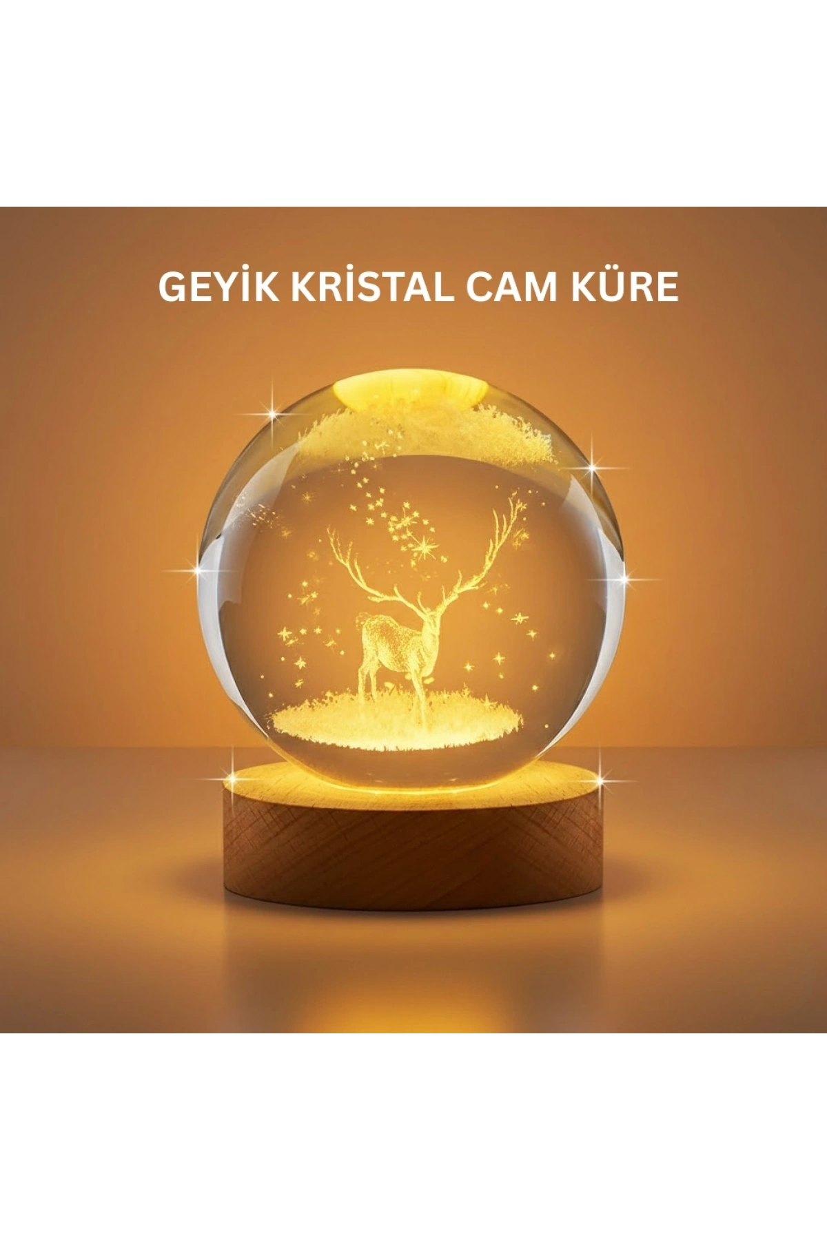 3D Geyik Desenli Kristal Küre USB Işıklı Ahşap Tabanlı Oda Lambası
