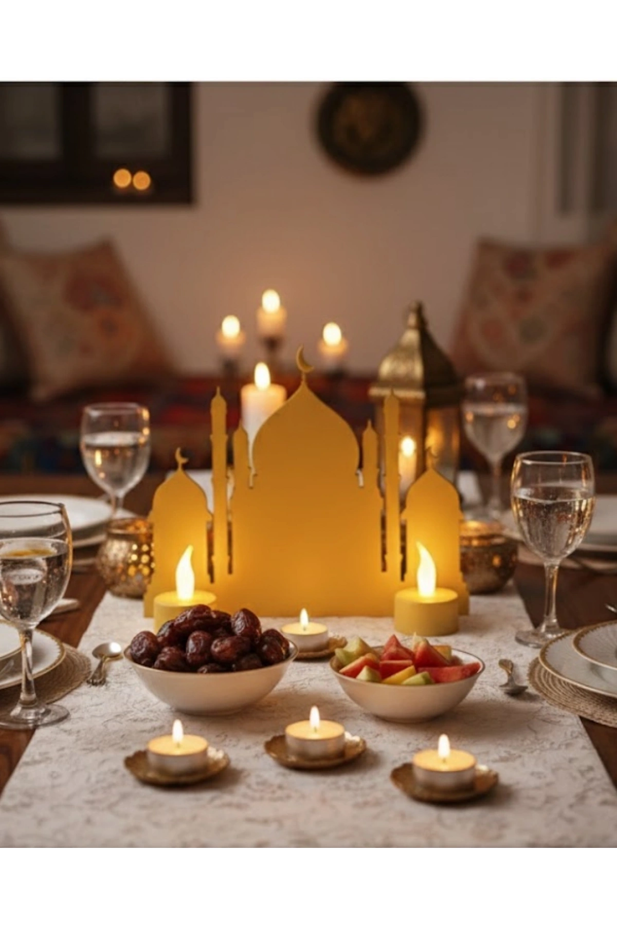 3D İki Mumlu Cami Dekor 2 Pilli LED Mum Hediyeli Masa Üstü Süs