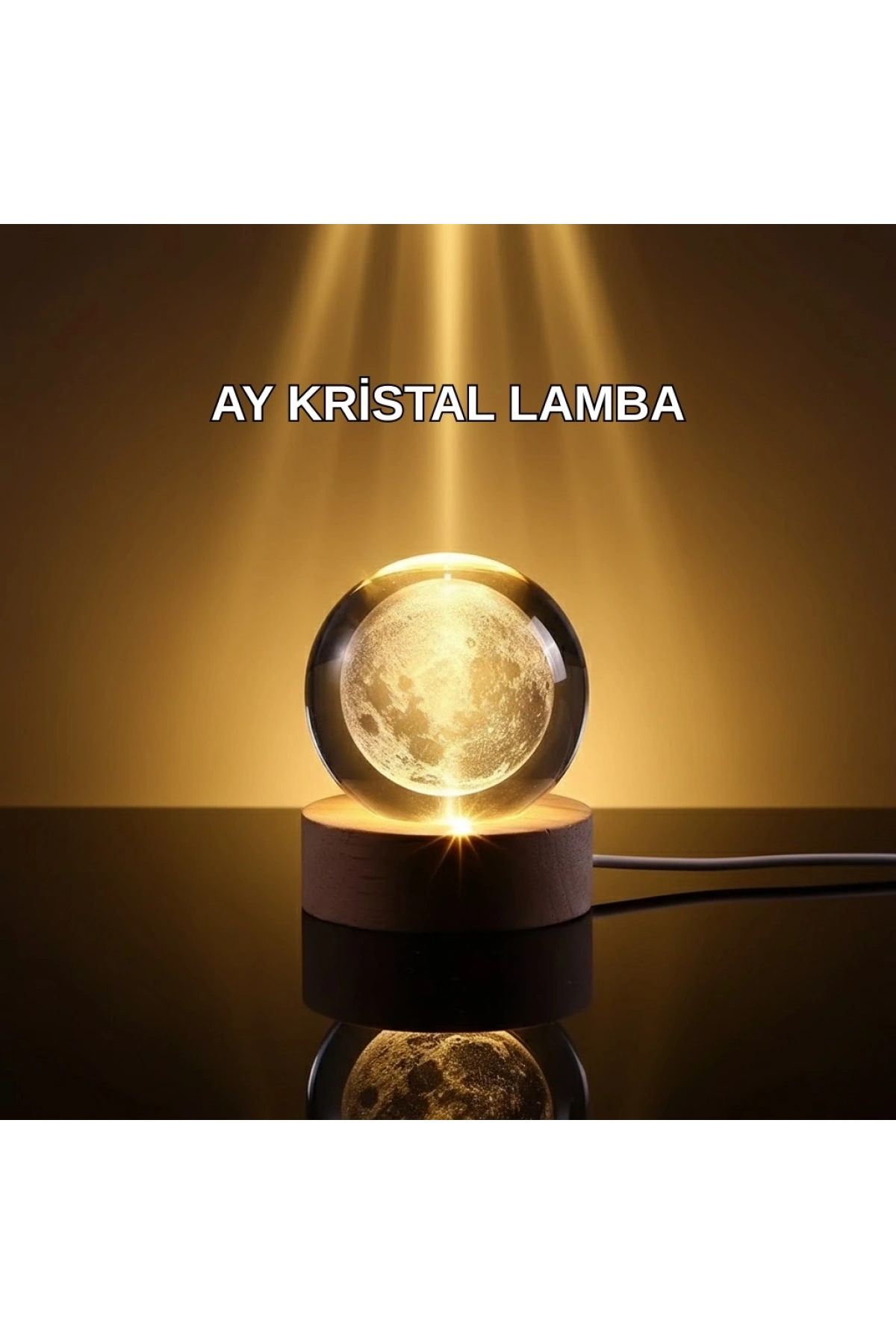 3D Lazer İşlemeli Ay Küresi Ahşap Standlı USB Bağlantılı Dekoratif Lamba