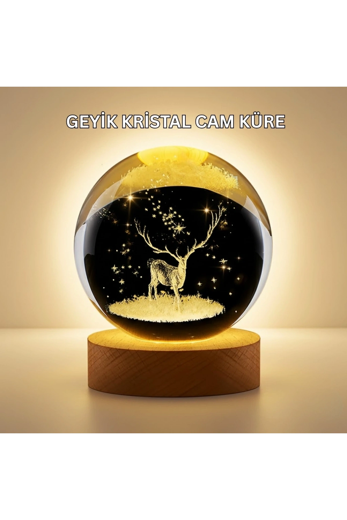 3D Lazer İşlemeli Geyik Kristal Küre Sıcak Işıklı Gece Aydınlatması