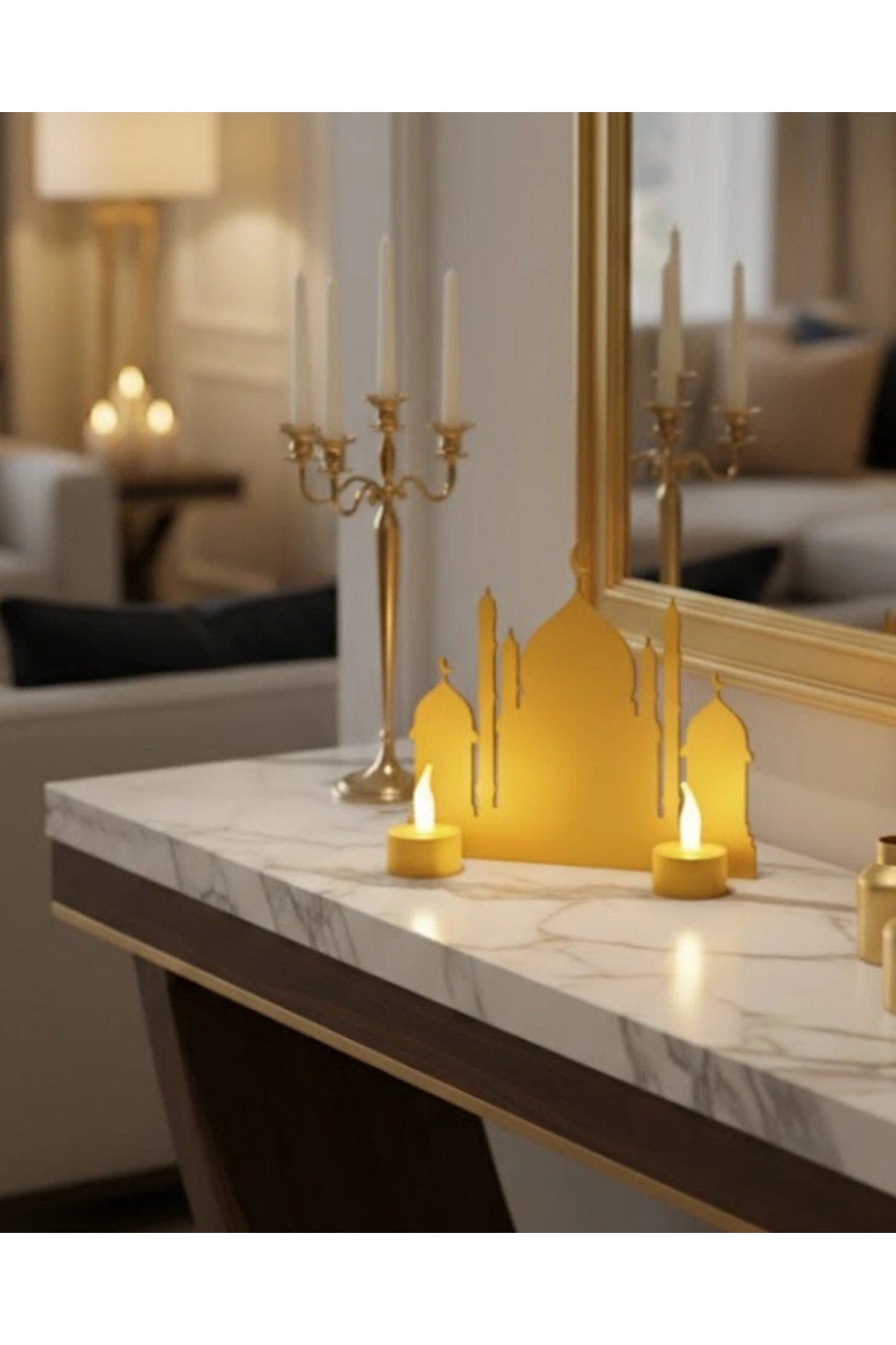 3D Ramazan Cami Dekor 2 Mumlu Işıklı Masa Üstü Biblo