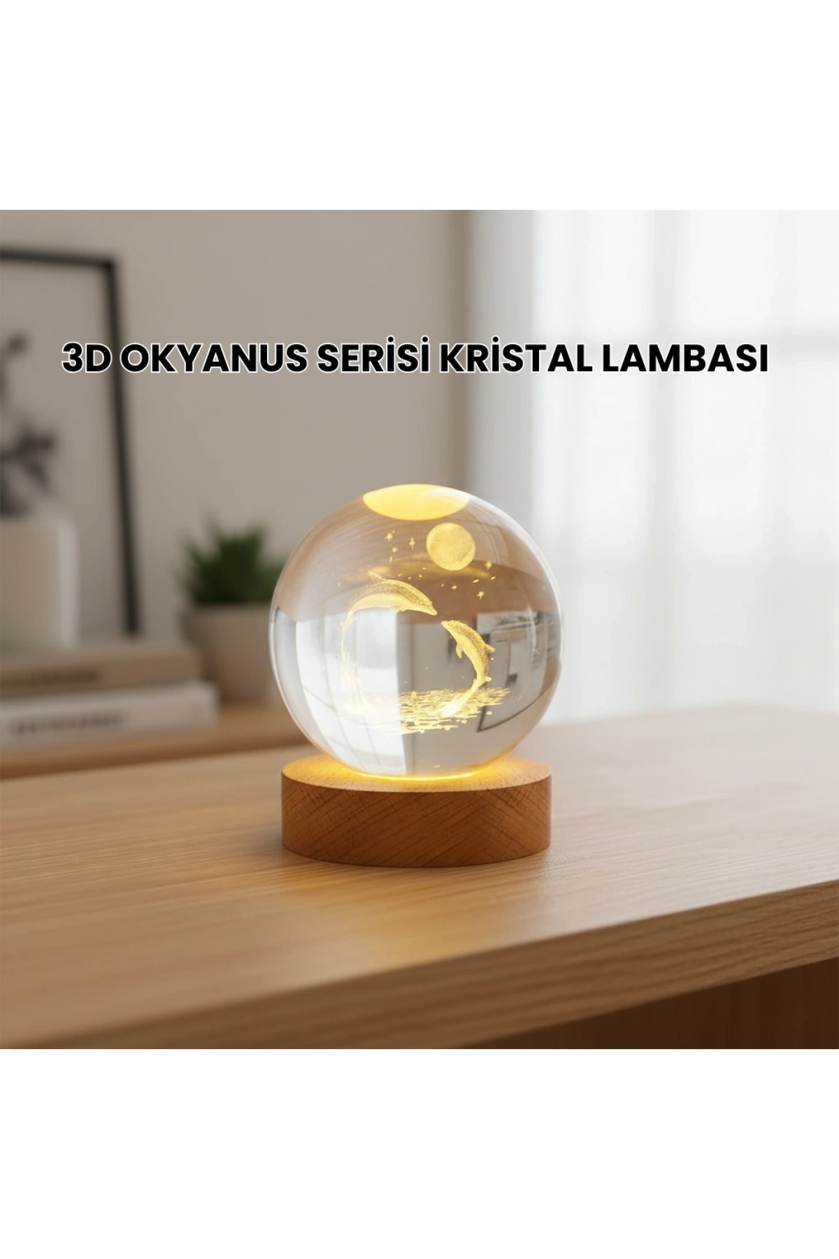 3D Yunus Desenli Kristal Küre Ahşap Tabanlı Işıklı Dekor Objesi