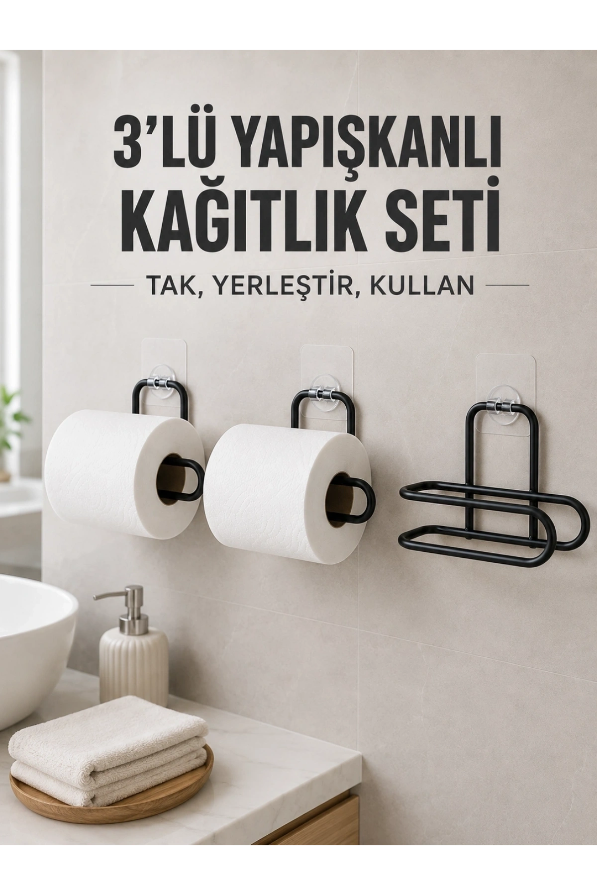 3’lü Siyah Duvar Tipi Kağıtlık Seti Yapışkanlı Pratik Rulo Tutucu