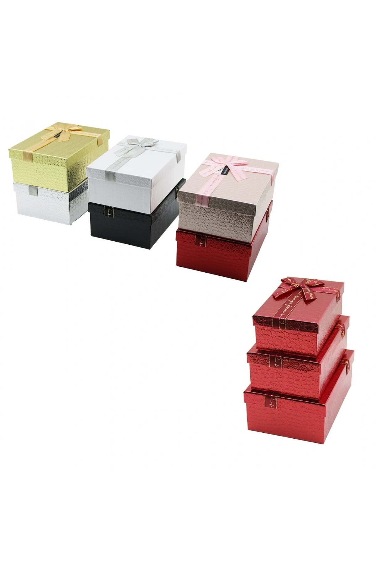 3PCS D.DÖRTGEN PARLAK MİX RENKLİ - KABARTMA DESEN KARTON HEDİYE KUTUSU KURDELALI 22.5X15.5-20.5X13.5-18.5X11.5CM (5047)