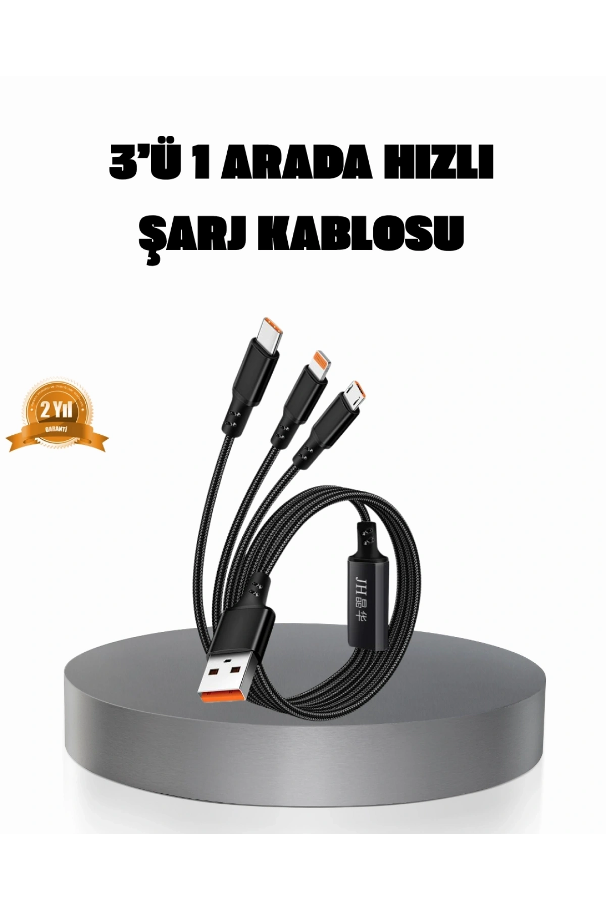 3’ü 1 Arada Şarj Kablosu Type-C iOS Android Uyumlu Hızlı ve Güvenli Şarj