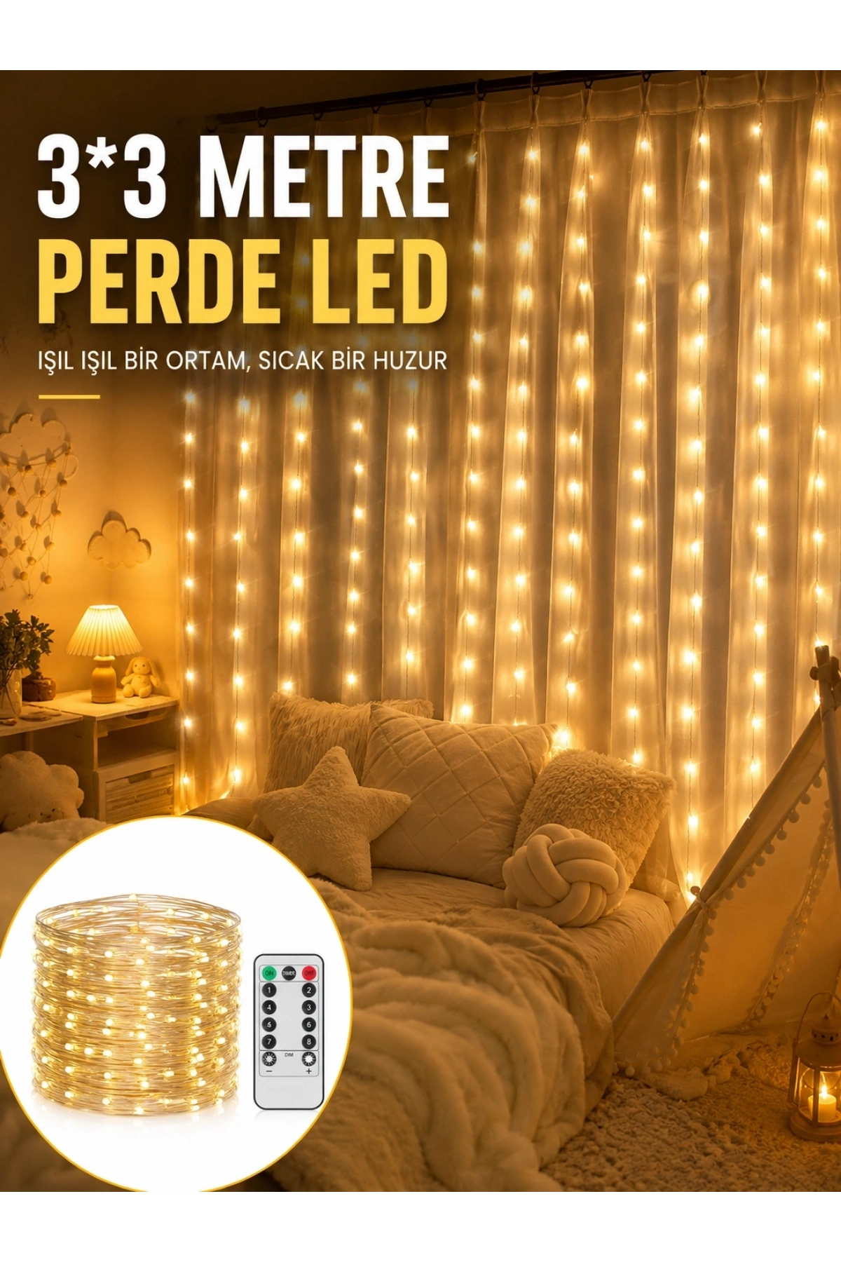 3x3 Metre Perde LED Işık – Parti ve Bahçe Dekorasyonu Yeni Nesil