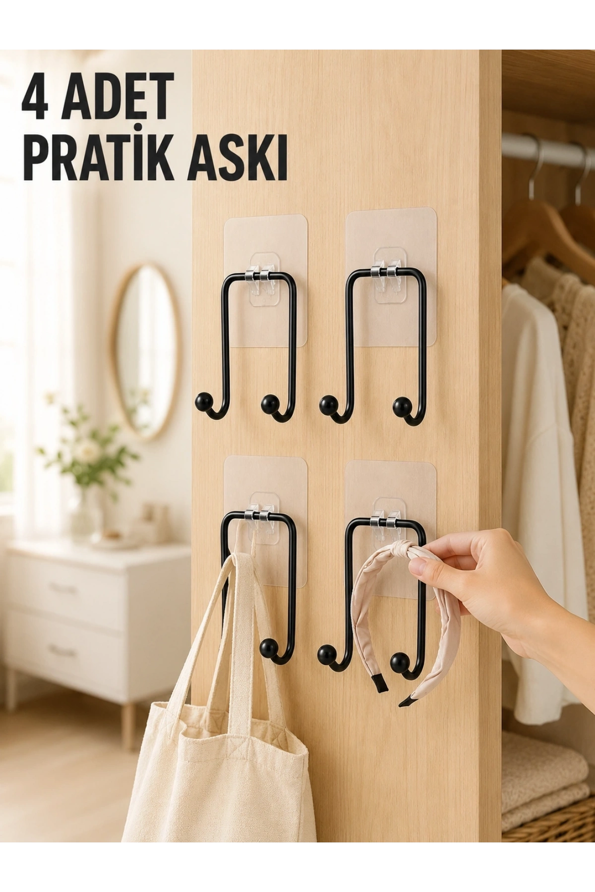 4 Adet Yapışkanlı Duvar Askısı Çok Amaçlı Pratik Askılık Seti