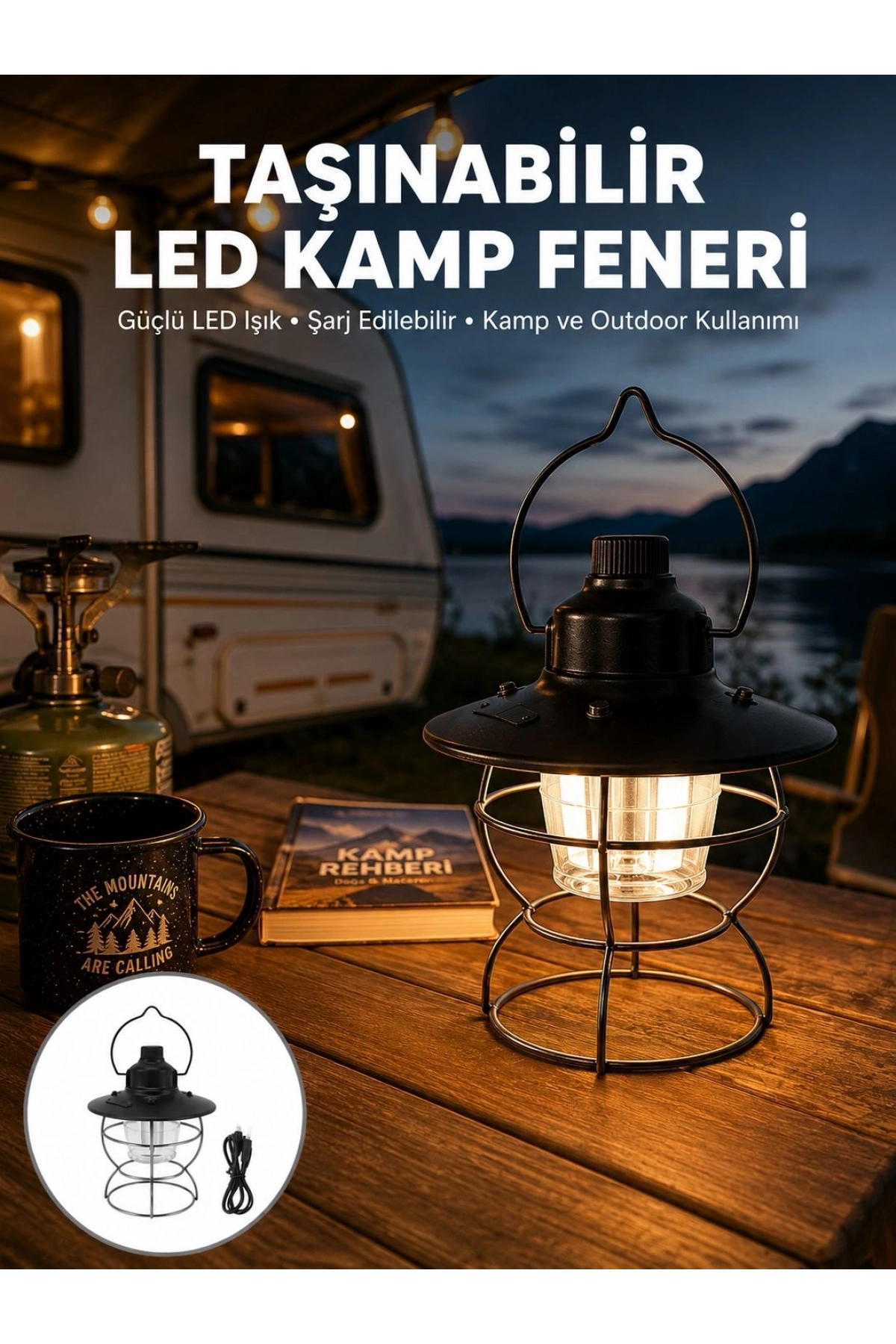 4 Fonksiyonlu Dekoratif Kamp Lambası – Tungsten Ampul, USB Çıkışlı Yeni Nesil