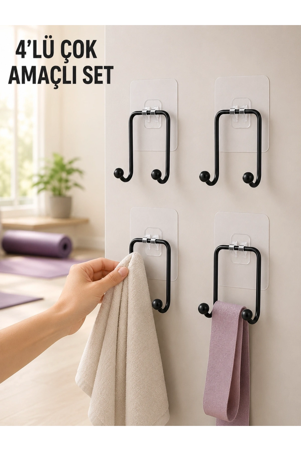 4lü Duvar Tipi Yapışkanlı Askı Pratik Ev ve Banyo Askılık Seti
