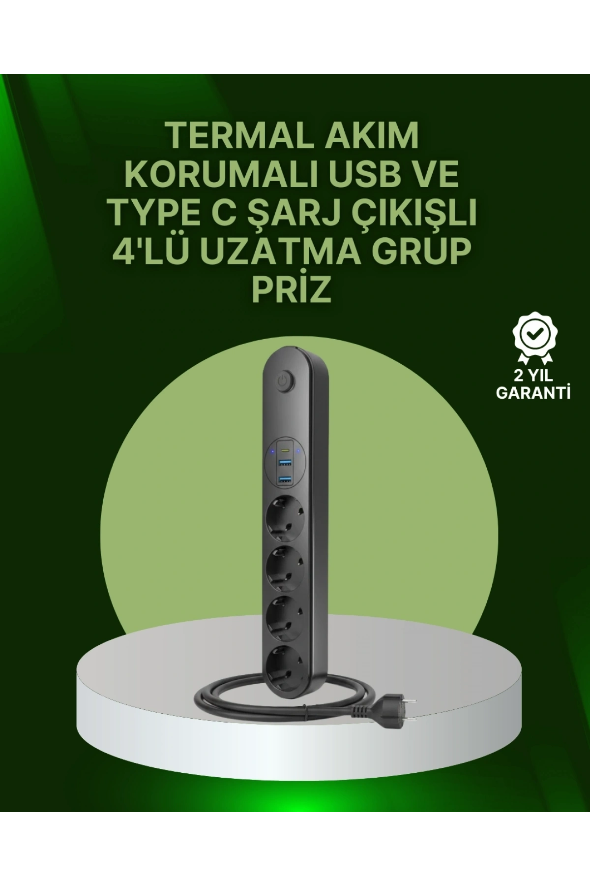 4 Priz 2 USB 1 Type-C Akım Korumalı Çoklu Priz Led Anahtarlı