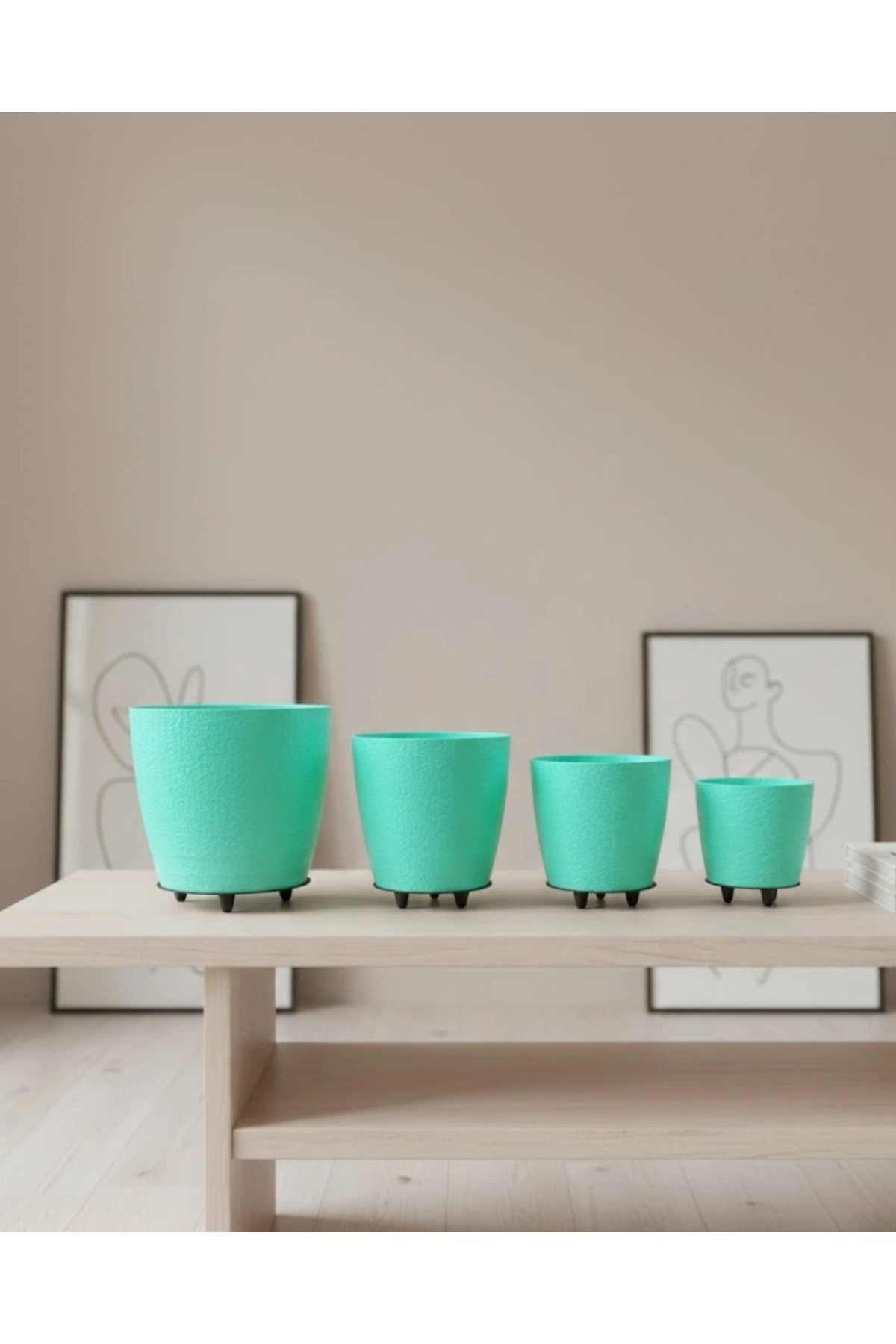 4’lü 3D Ayaklı Yeşil Saksı Seti Dekoratif Modern Tasarım