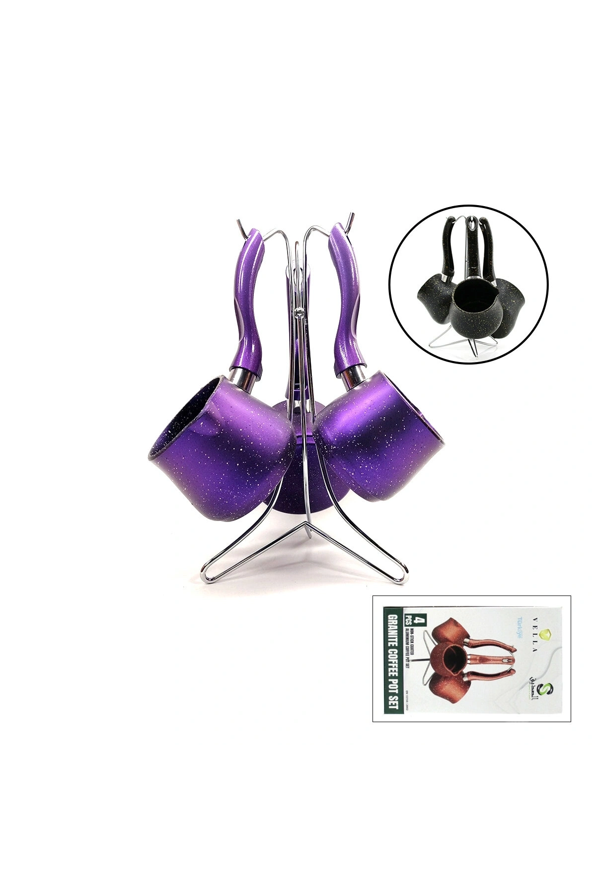 4PCS 230-280-380ML GRANİT - ÇELİK CEZVE RENKLİ METAL STANDLI (5047)