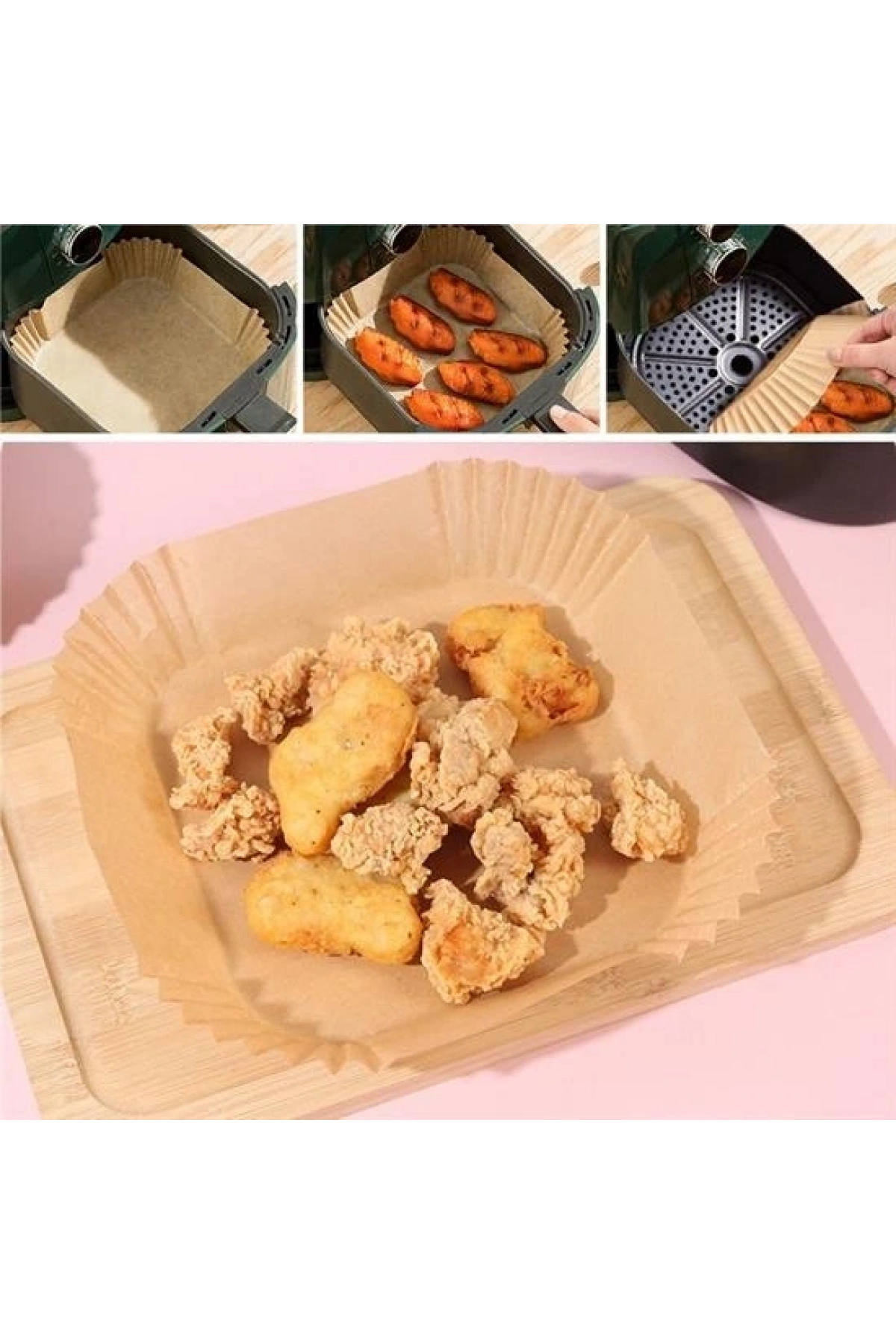 50 Adet Air Fryer Pişirme Kağıdı Tek Kullanımlık Yağ Geçirmez Yapışmaz Kare Tabak Model PVC (5047)
