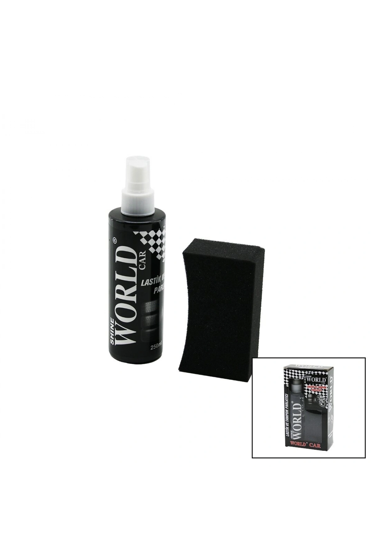 SHINE WORLD CAR  LASTİK - TAMPON  PARLATICI SPREY SETİ  PLASTİK ŞİŞE   250ML ± %10 PARLATMA SÜNGERİ (5047)