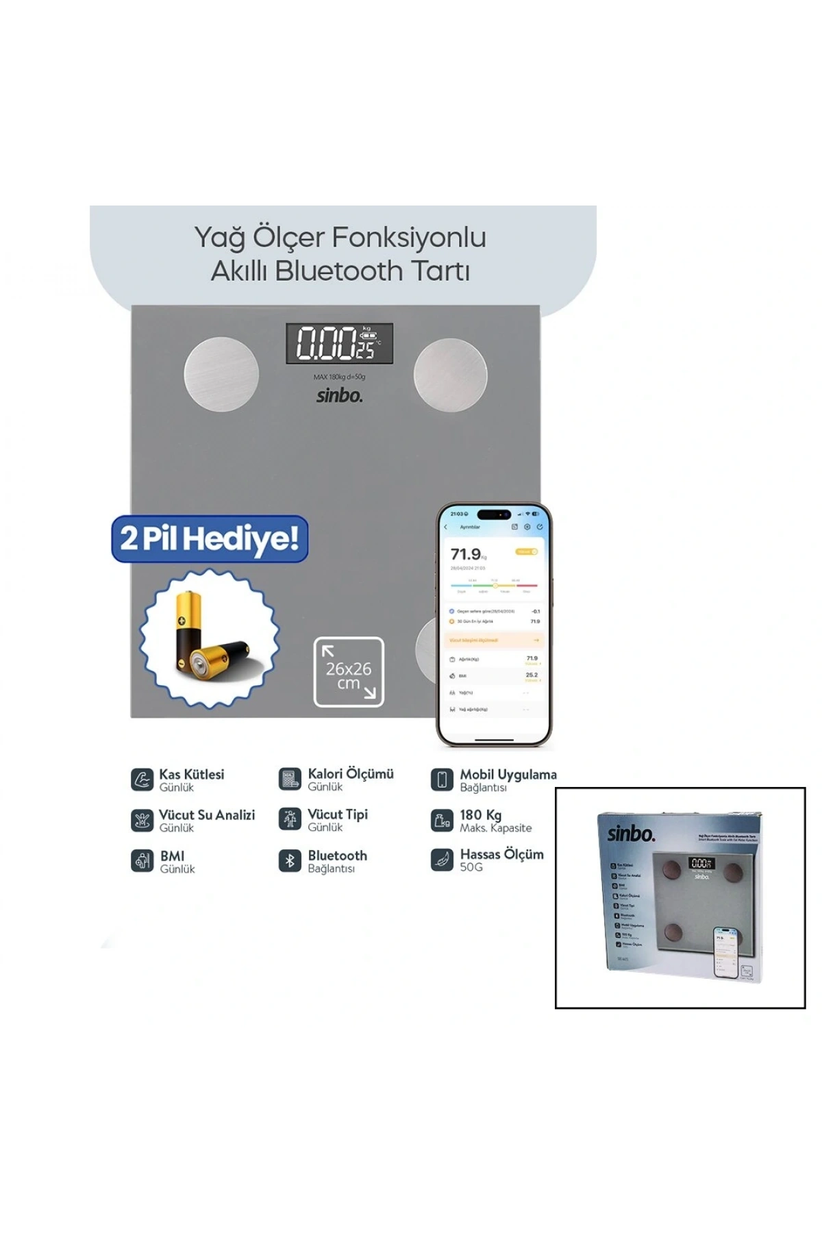GRİ YAĞ ÖLÇER AKILLI BLUETOOTH CAM BASKÜL PİLLİ 180KG/50GR 26X26CM 8-KİŞİ HAFIZA LCD EKRAN ℃ GÖSTERGE SBS-4473 (5047)