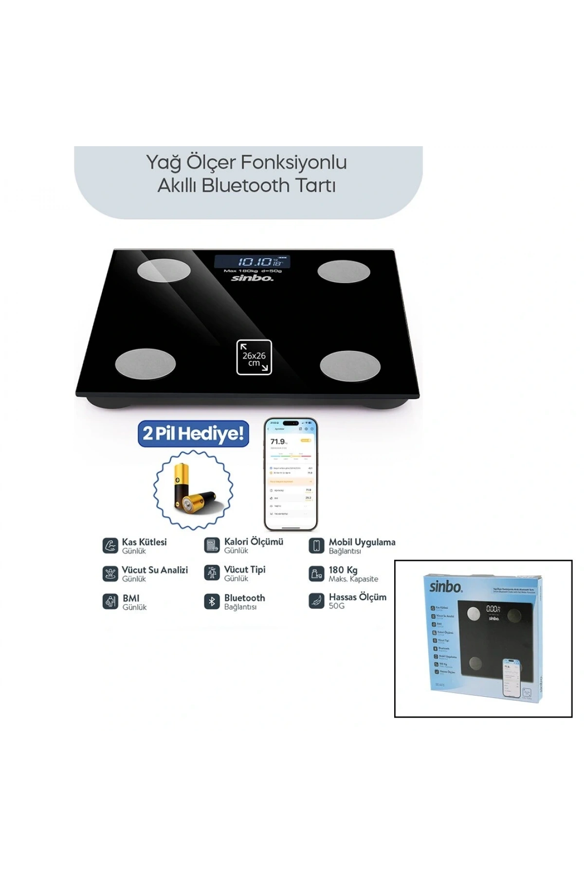 SİYAH YAĞ ÖLÇER AKILLI BLUETOOTH CAM BASKÜL PİLLİ 180KG/50GR 26X26CM 8-KİŞİ HAFIZA LCD EKRAN ℃ GÖSTERGE SBS-4470 (5047)
