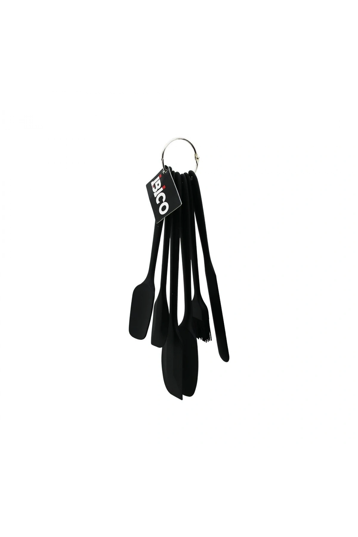 6PCS  SİLİKON - SİYAH MUTFAK SETİ 2 KAŞIK - 3 SPATULA - YUMURTA FIRÇA  METAL ASMA HALKALI (5047)