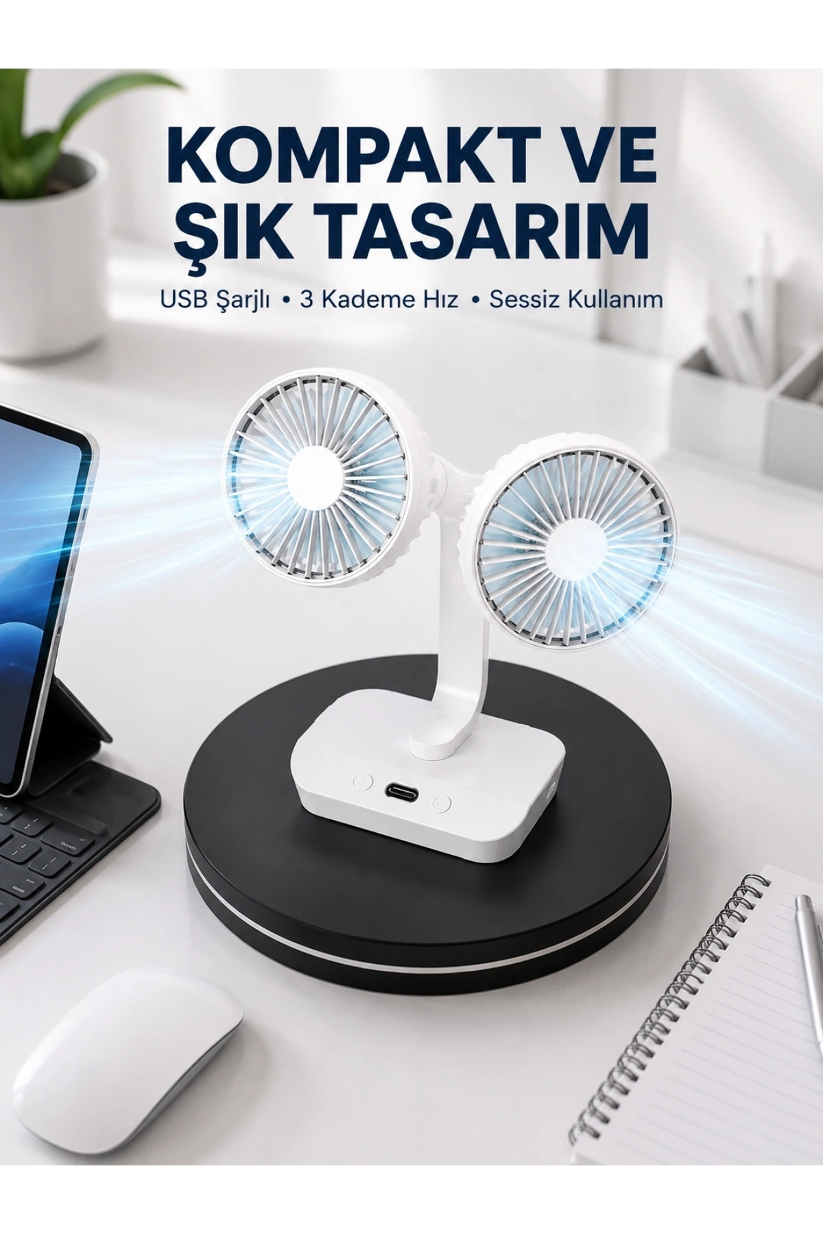 720° Döner Çift Taraflı Masaüstü Vantilatör – USB Şarjlı Sessiz Fan