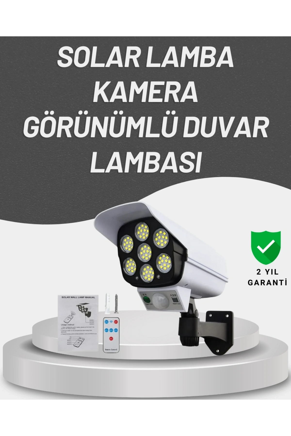 77 LEDli Güneş Enerjili Güvenlik Lambası ve Kukla Kamera – Hareket Sensörlü, 2400mAh Pilli