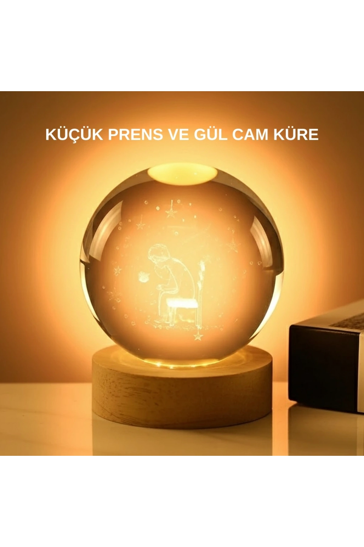 8 cm Küçük Prens Cam Küre USB Işıklı Ahşap Tabanlı Dekor