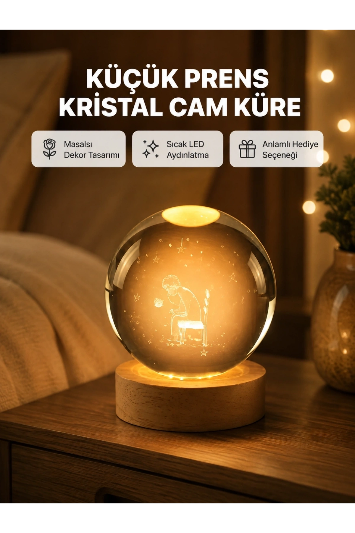 8 cm Küçük Prens Cam Küre USB Işıklı Ahşap Tabanlı Dekor