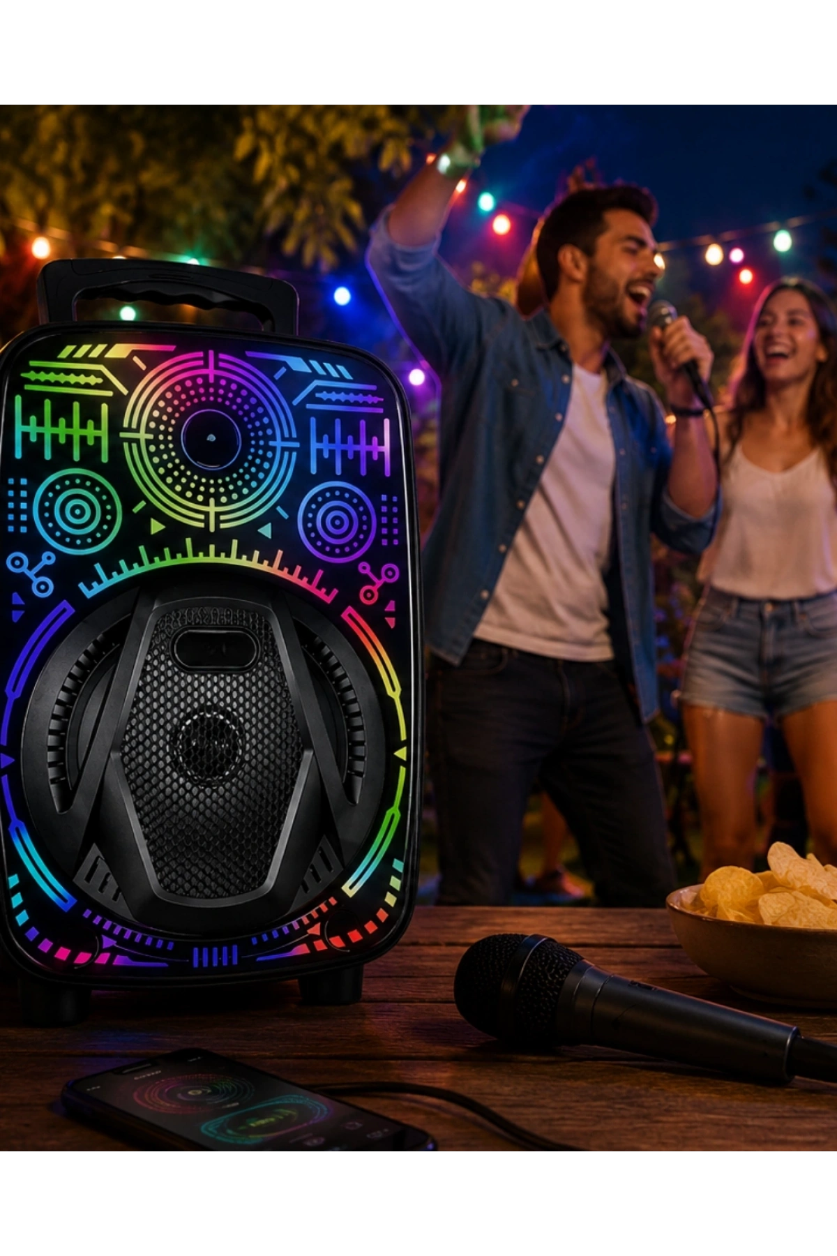 8 İnç Taşınabilir Karaoke Hoparlör Mikrofonlu RGB Işıklı Bluetooth Speaker