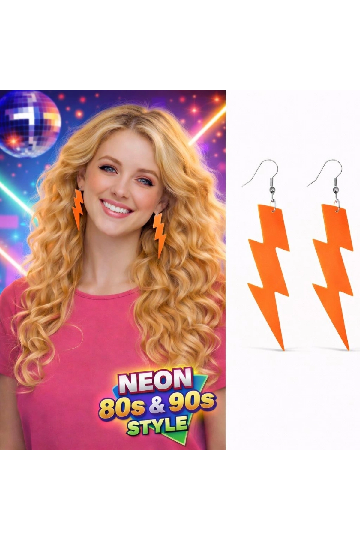 80’ler 90'lar Retro Neon Turuncu Şimşek Küpe 10 cm (5047)