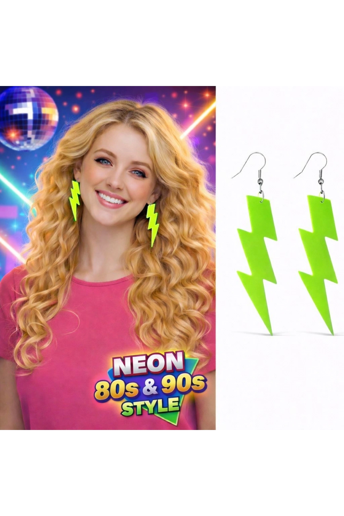 80’ler 90'lar Retro Neon Yeşil Şimşek Küpe 10 cm (5047)