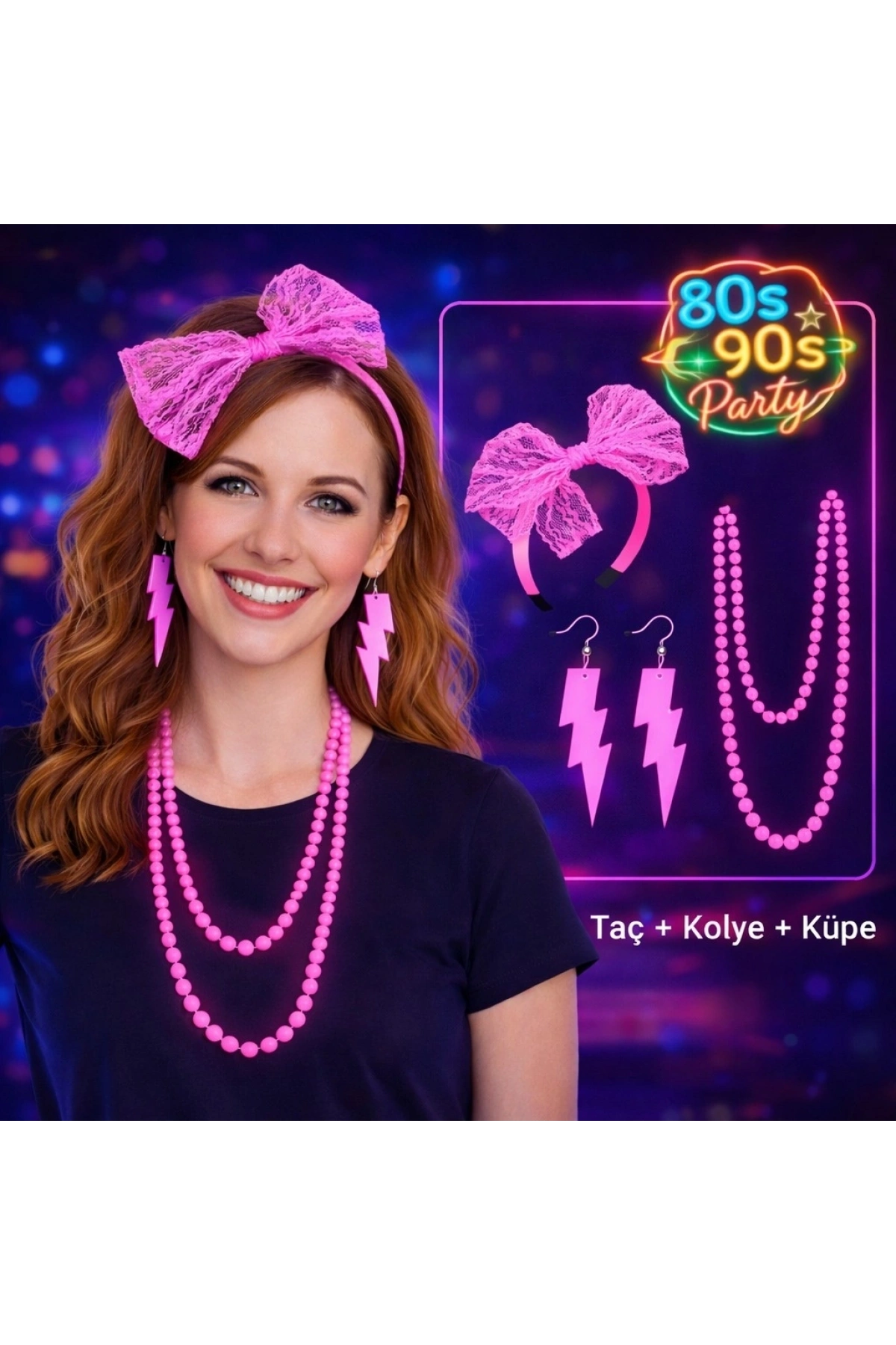 80’ler 90’lar Neon Pembe Parti Seti – Kolye Küpe Taç (5047)