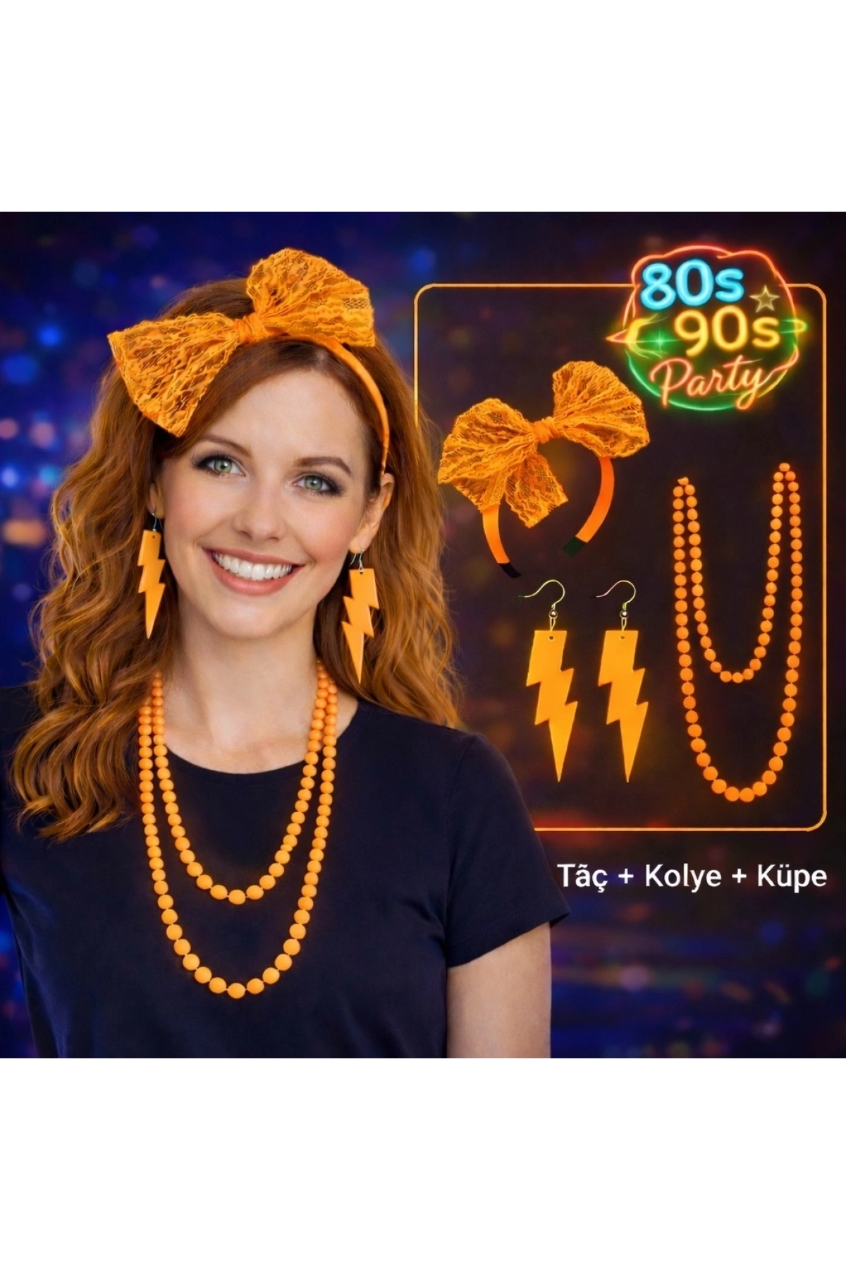 80’ler 90’lar Neon Turuncu Parti Seti – Kolye Küpe Taç (5047)