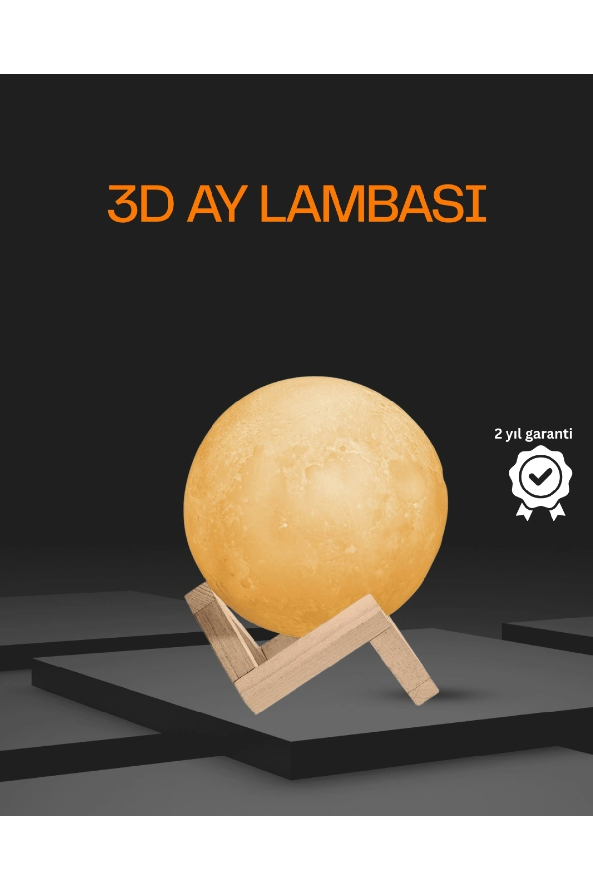 Ahşap Standlı 3D Baskı Ay Lambası 16 Renkli ve Şarjlı