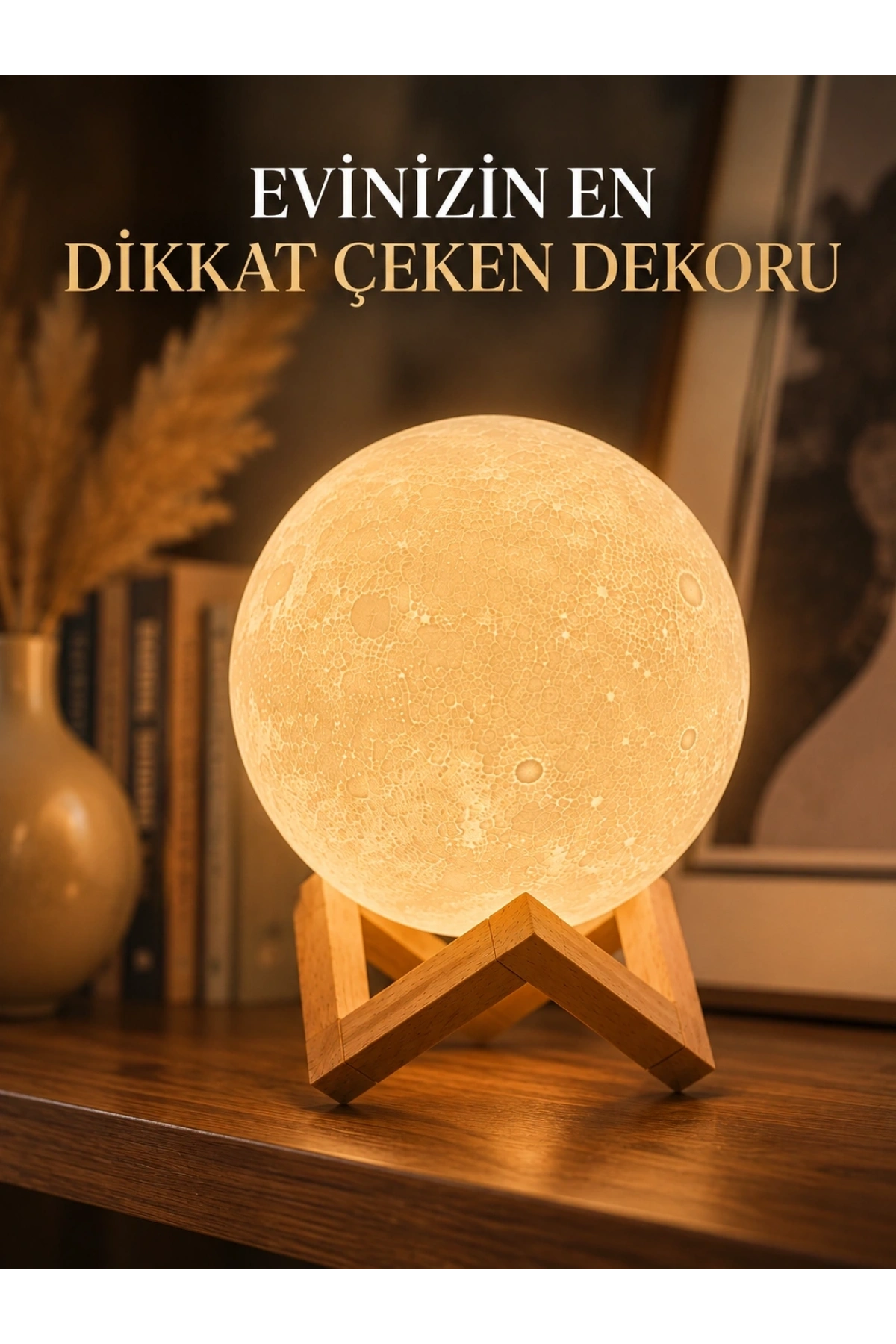 Ahşap Standlı Ay Gece Lambası Ev ve Ofis Dekorasyon Lambası
