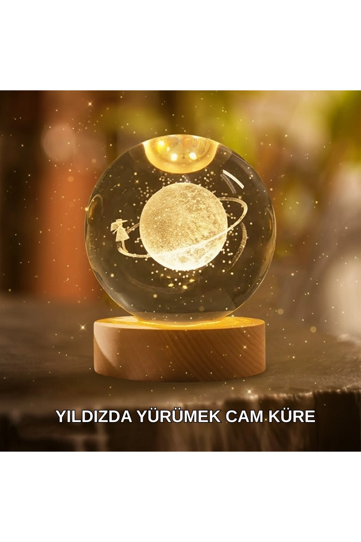 Ahşap Standlı Sarı Işıklı Dekoratif Küre Kız Figürü Tasarım